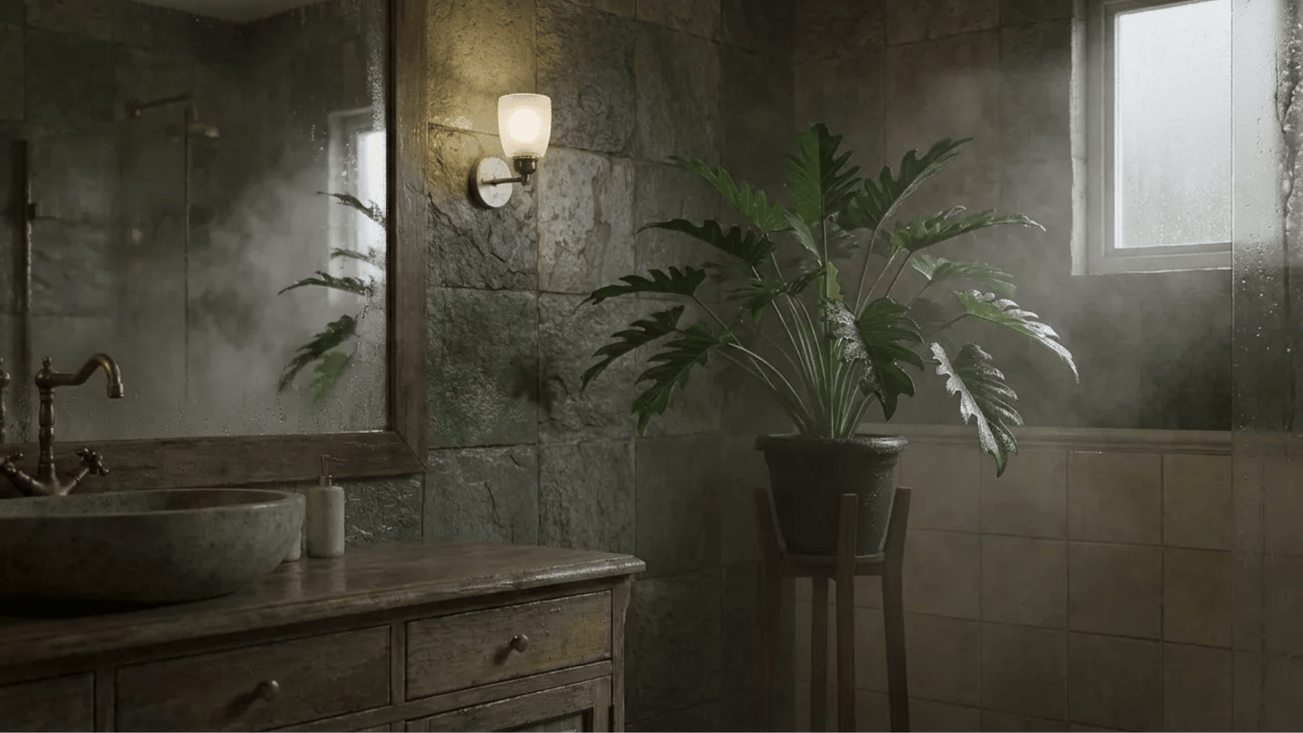 philodendron xanadu in tall planter stand near bathroom window, lush split leaves thriving in warm humid space