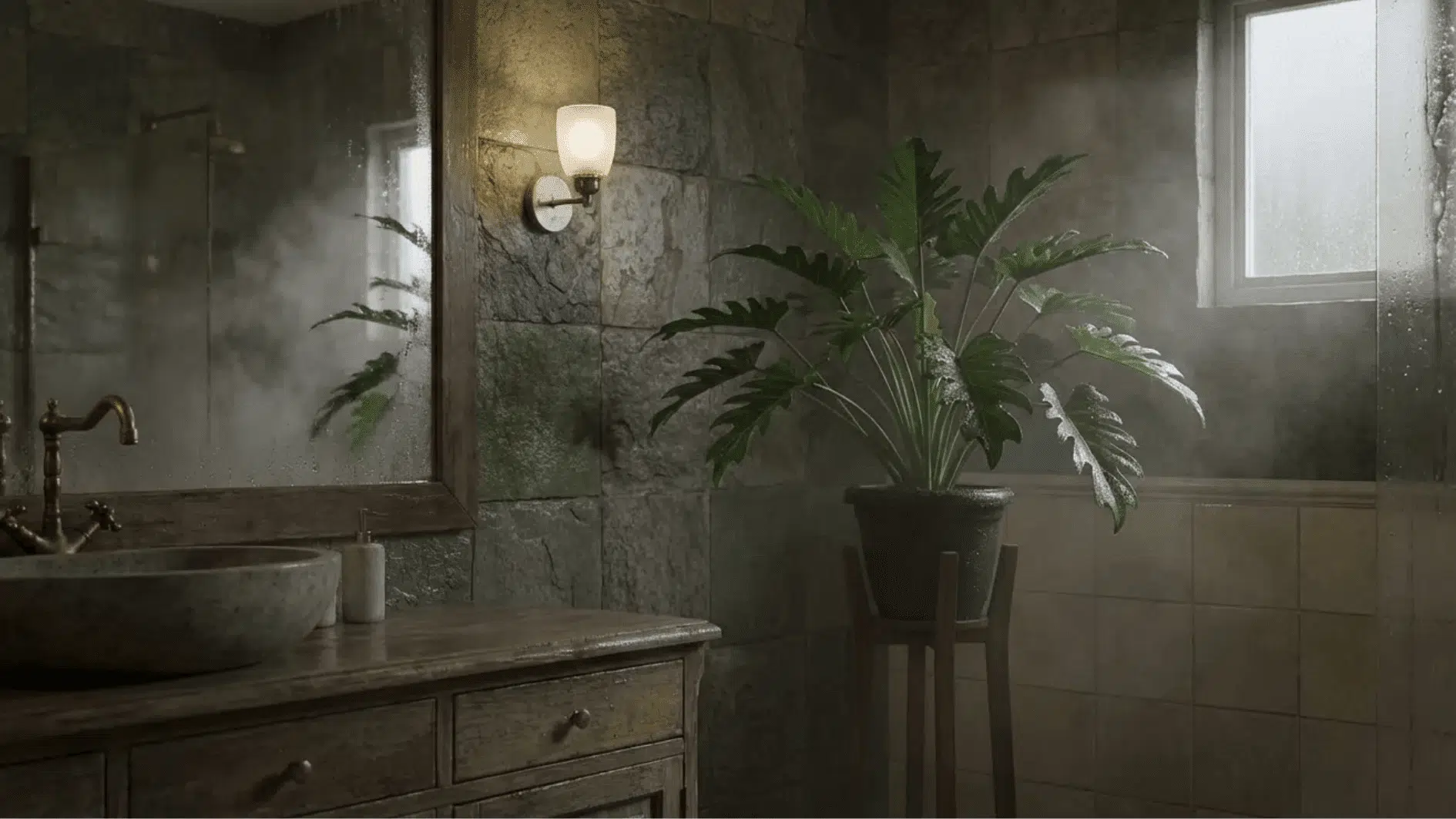 philodendron xanadu in tall planter stand near bathroom window, lush split leaves thriving in warm humid space