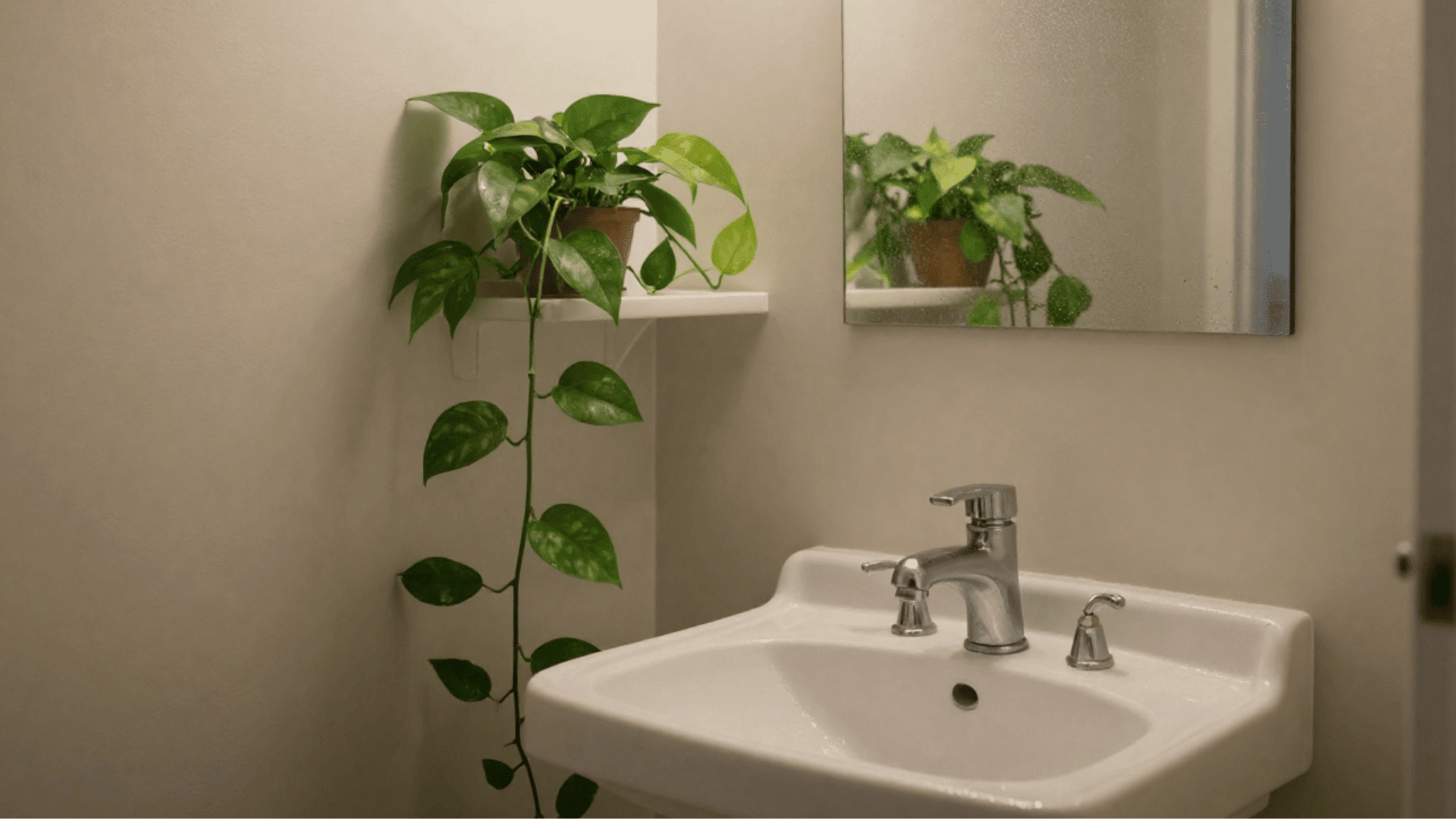 pothos plant trailing from wall shelf above bathroom sink, glossy green leaves adding fresh touch to a small modern space