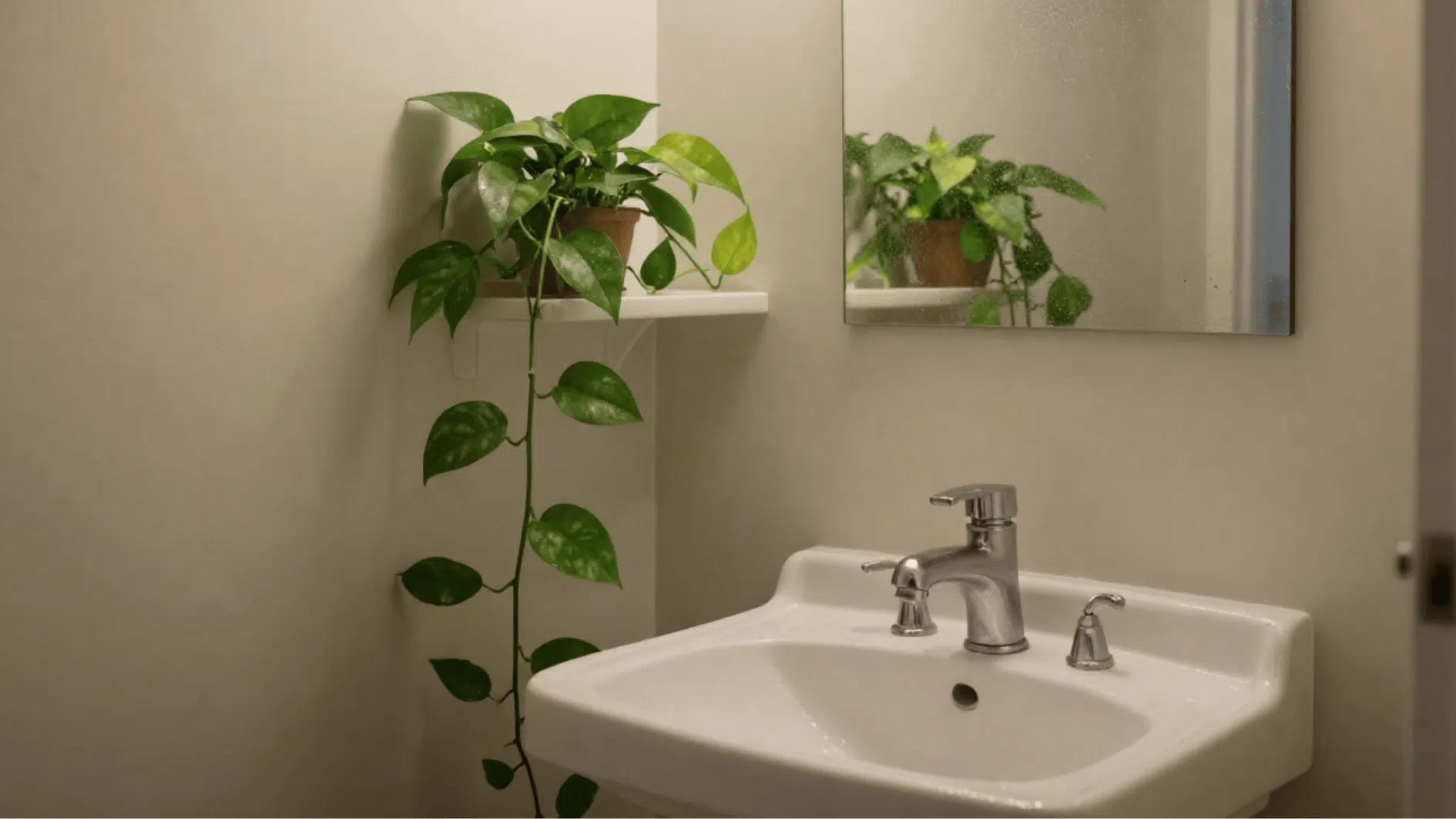 pothos plant trailing from wall shelf above bathroom sink, glossy green leaves adding fresh touch to a small modern space