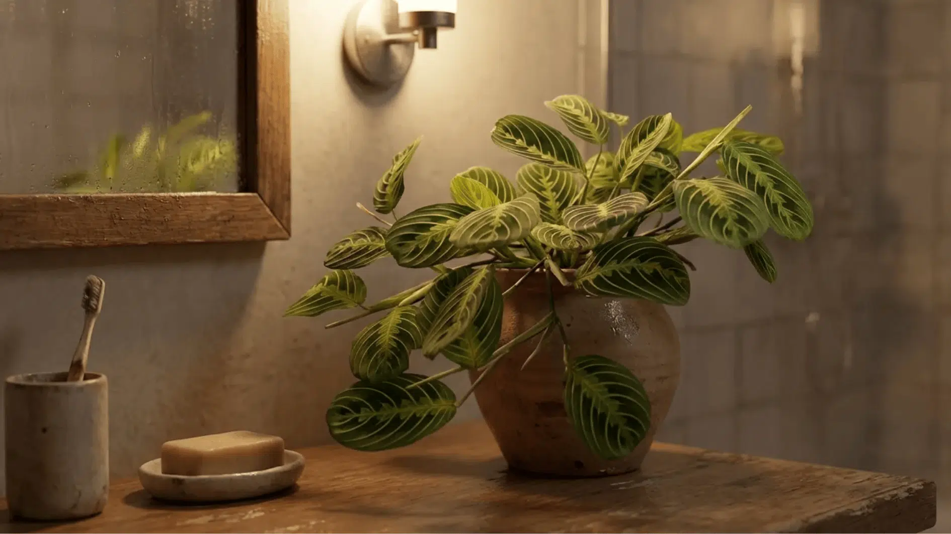 prayer plant in clay pot on bathroom counter beside mirror and soap dish, patterned leaves thriving in warm humid air