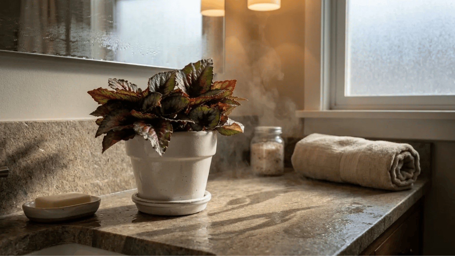 rex begonia in white pot on bathroom counter, colorful textured leaves beside mirror, towel, and soft window light