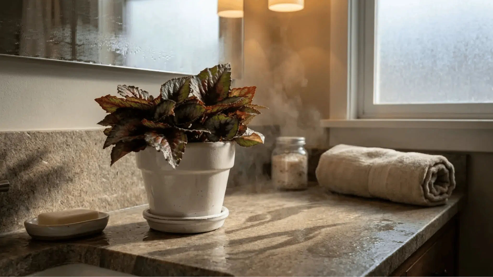 rex begonia in white pot on bathroom counter, colorful textured leaves beside mirror, towel, and soft window light
