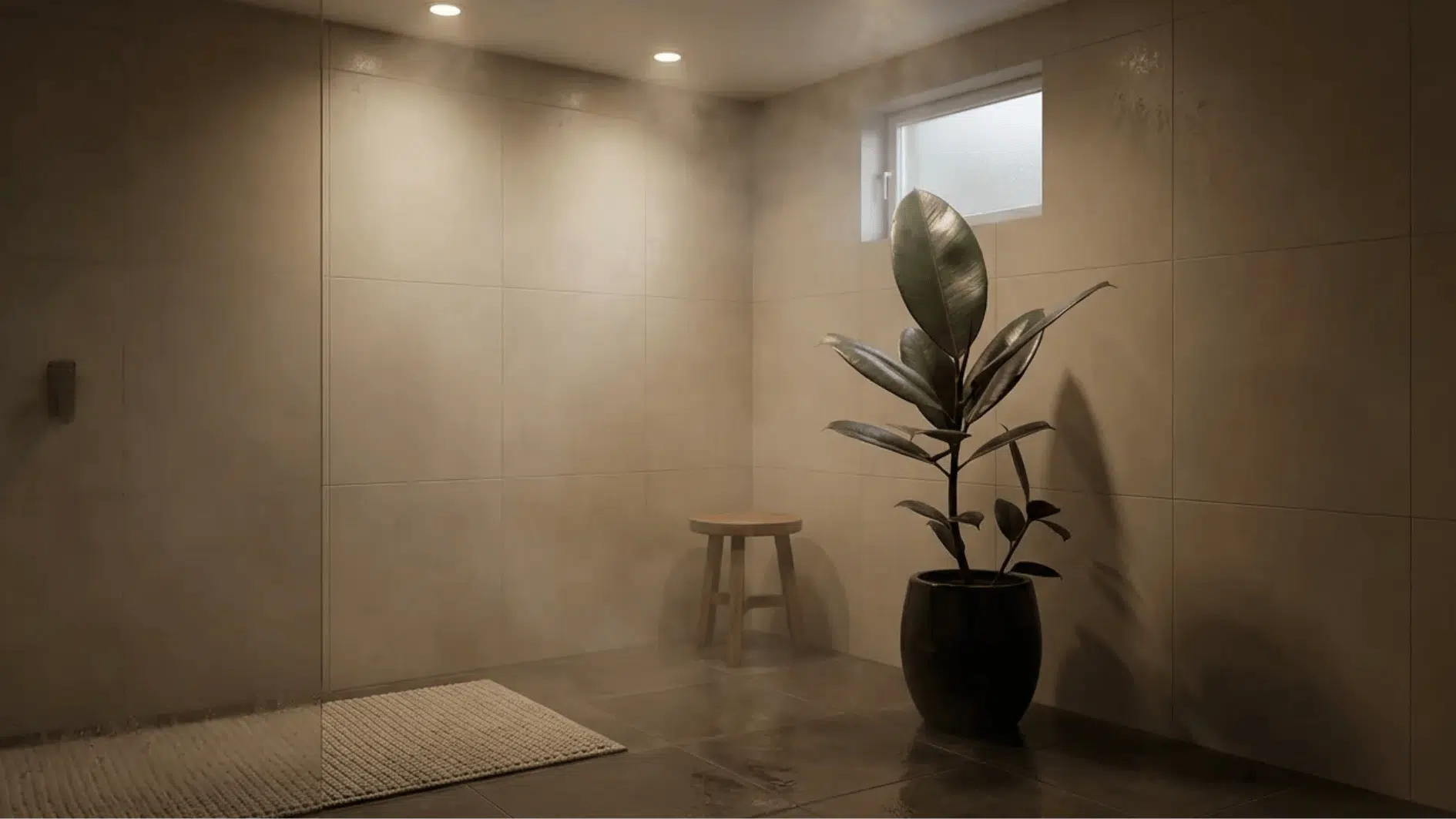 rubber plant in black floor pot beside modern bathroom shower, large glossy leaves thriving in warm humid light