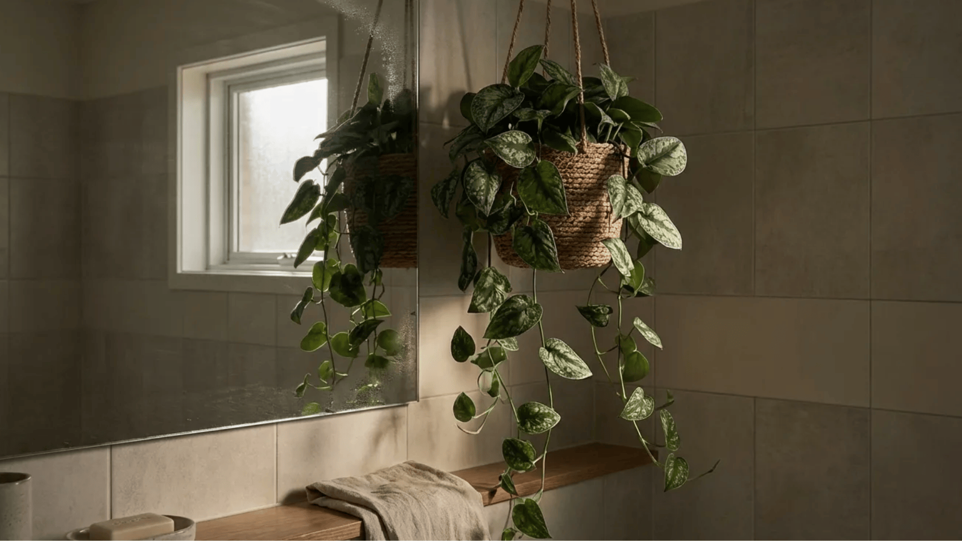 satin pothos hanging in woven planter beside bathroom mirror and window, trailing silver-patterned leaves in soft light