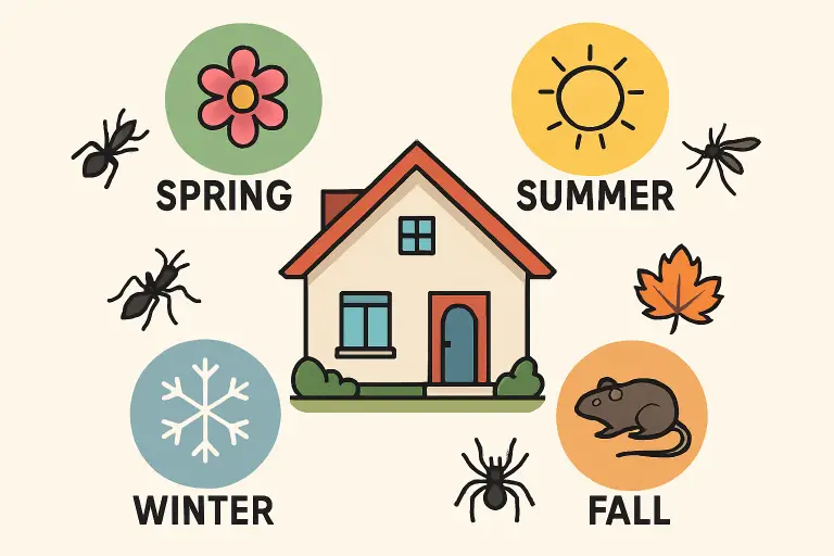 Illustration of a house surrounded by seasonal symbols and pests for each season