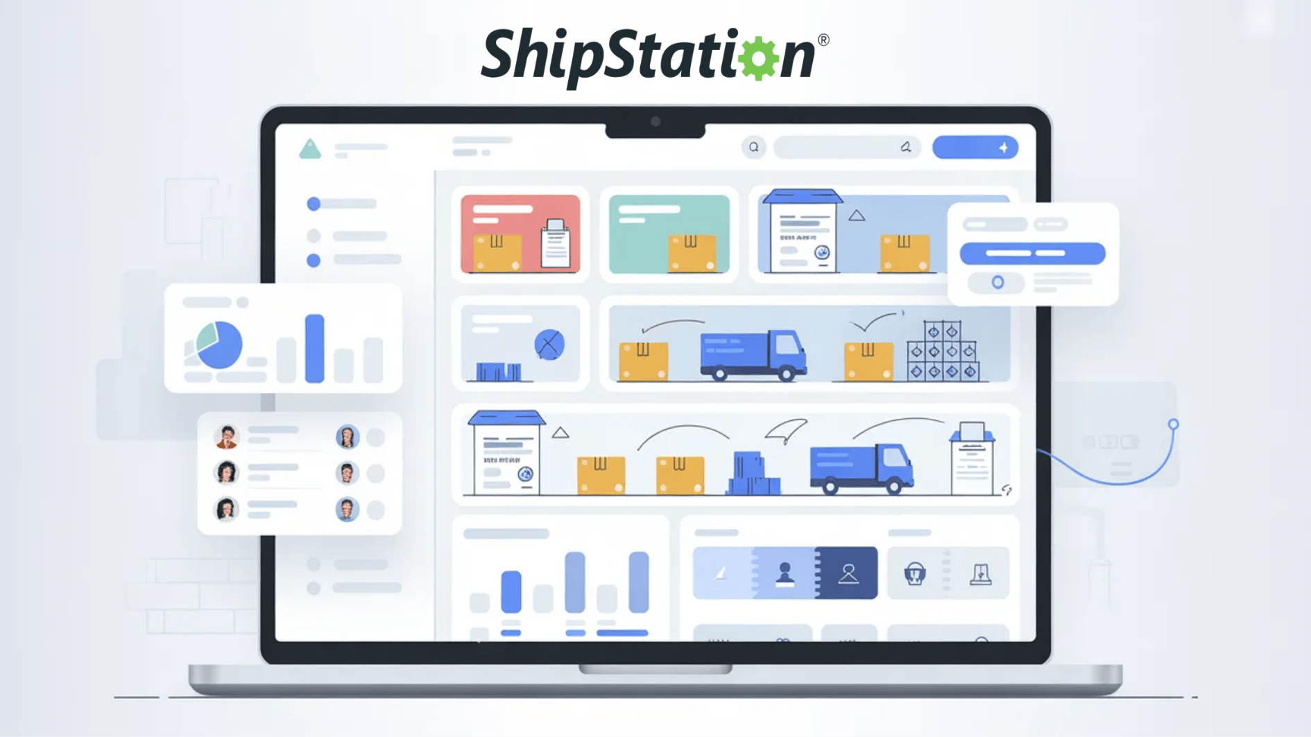 shipstation dashboard illustration on laptop showing shipping workflow, packages, delivery trucks, and analytics panels