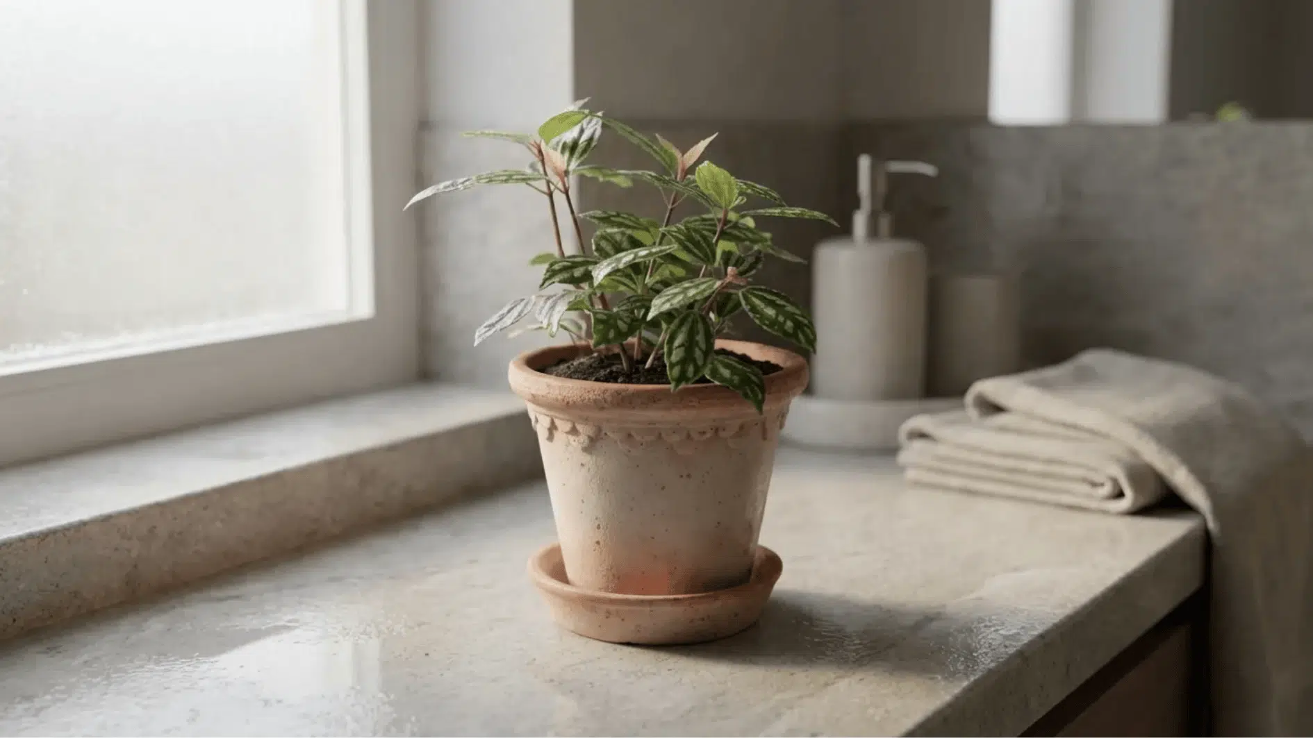 small aluminum plant in terracotta pot on bathroom windowsill with folded towels and soap dispenser in soft natural light