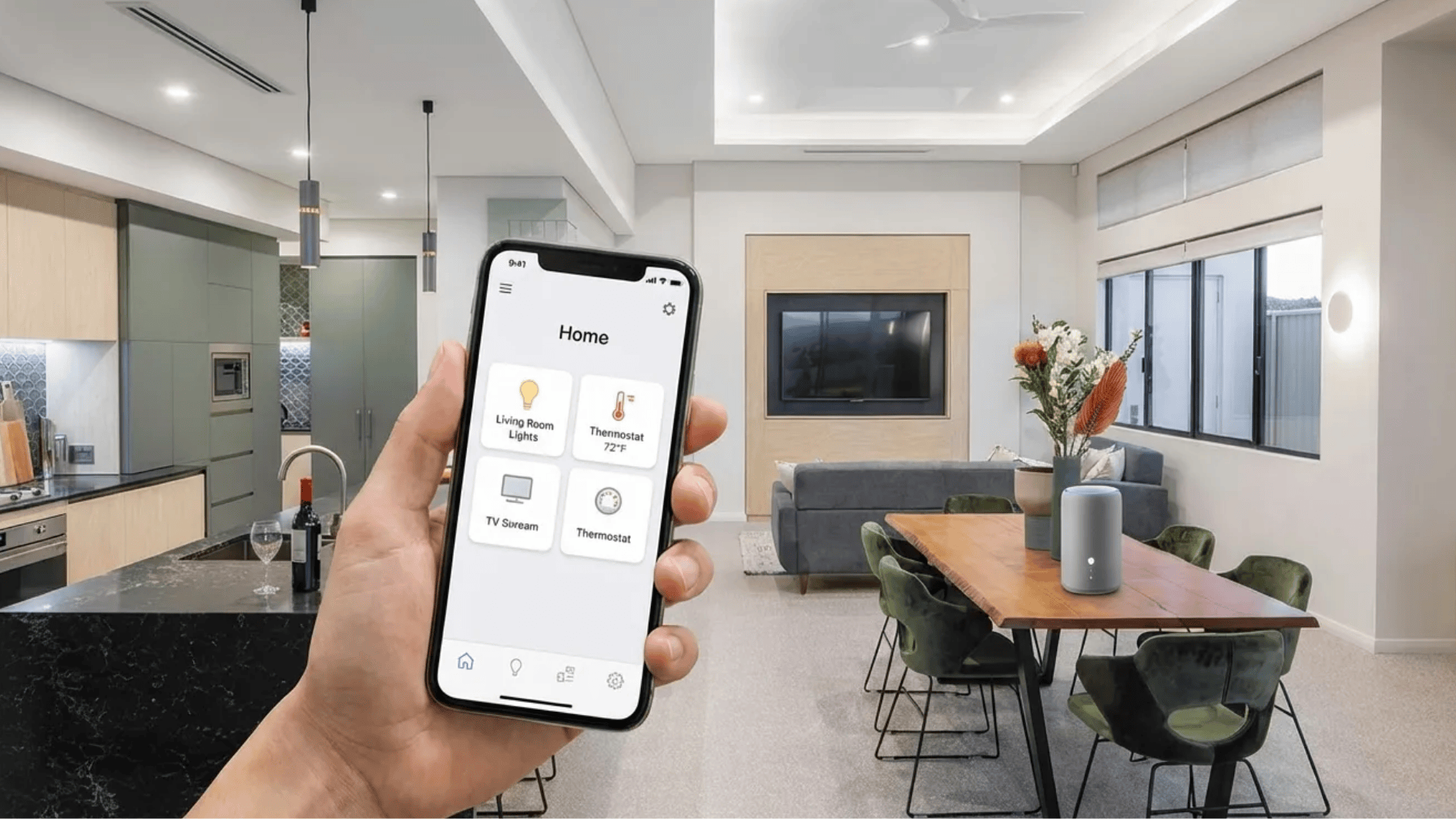 smart home connected through a mobile phone with interface showing different controls