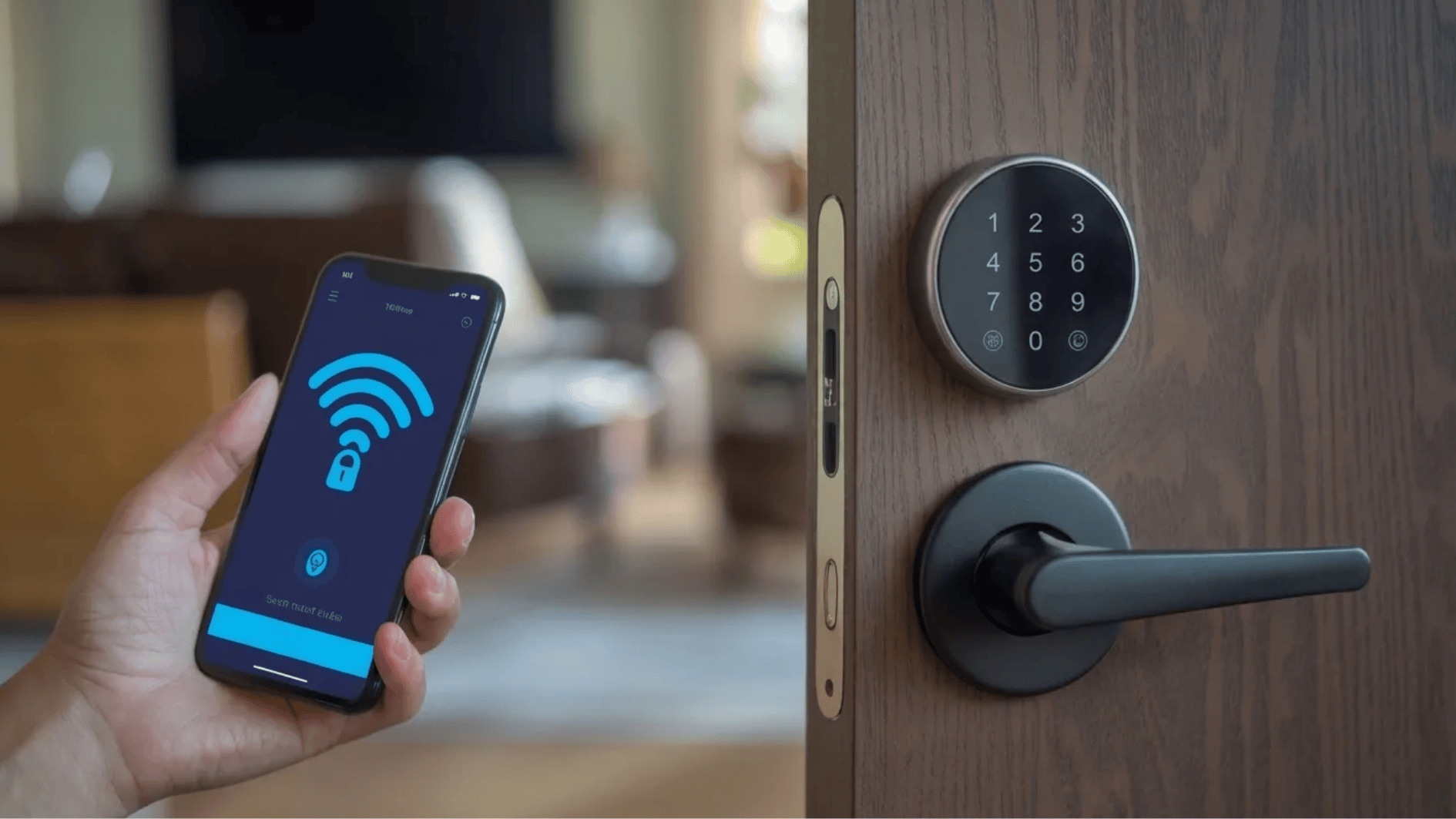 smartphone controlling a smart door lock with an app, showing wireless unlock feature on a modern wooden door