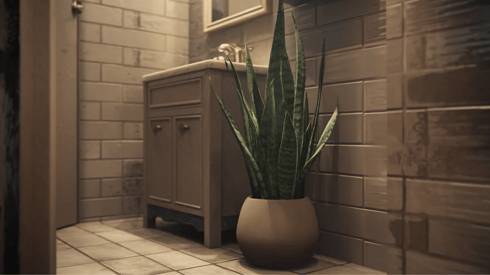 snake plant in ceramic floor pot beside bathroom vanity, tall upright leaves adding greenery to a small tiled space