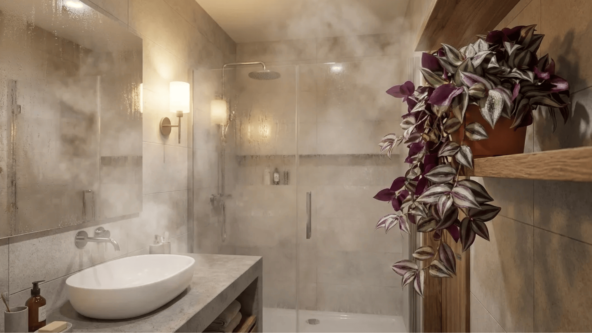 tradescantia zebrina trailing from wooden bathroom shelf, purple silver leaves adding color to a warm steamy shower space