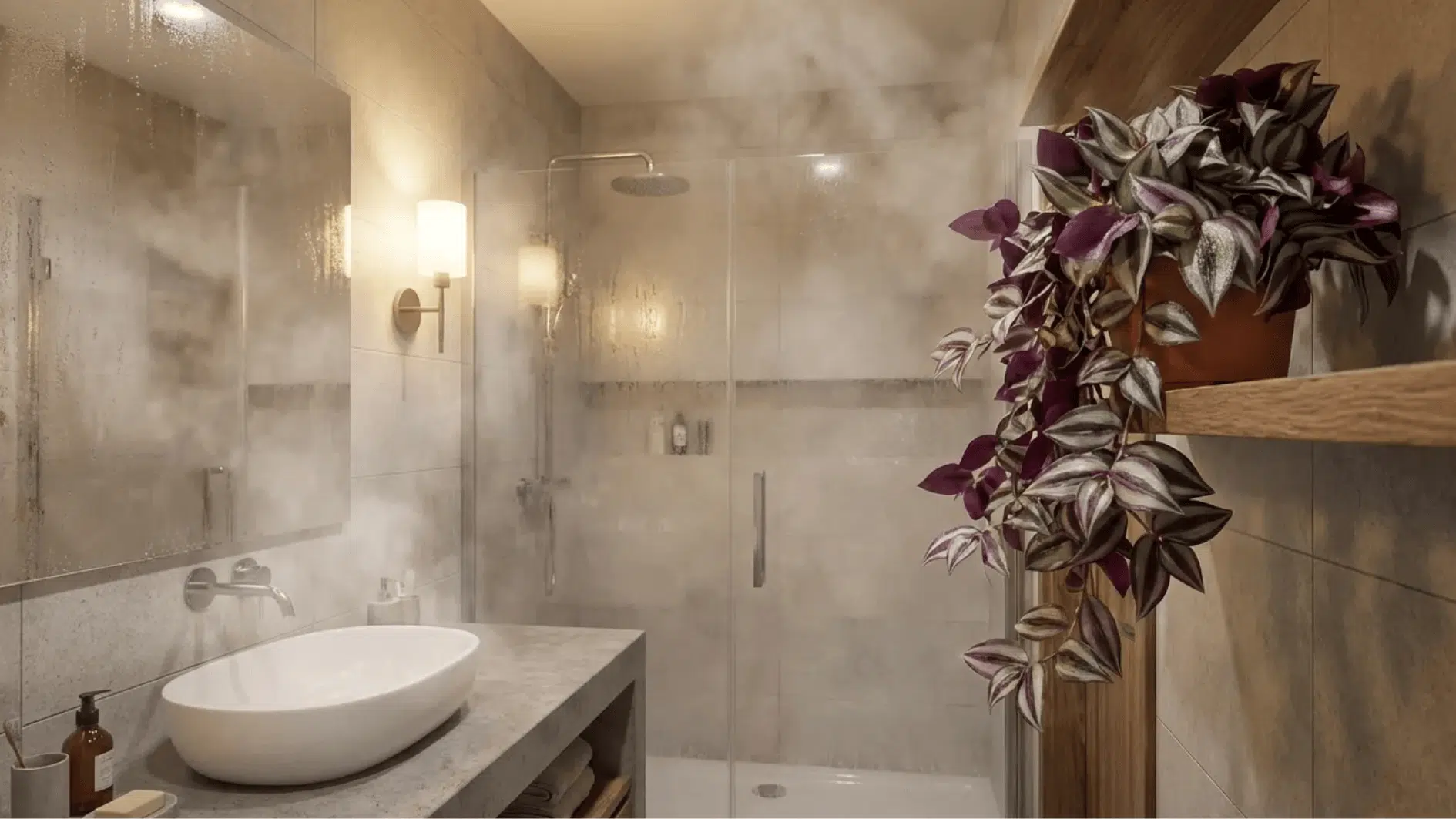 tradescantia zebrina trailing from wooden bathroom shelf, purple silver leaves adding color to a warm steamy shower space