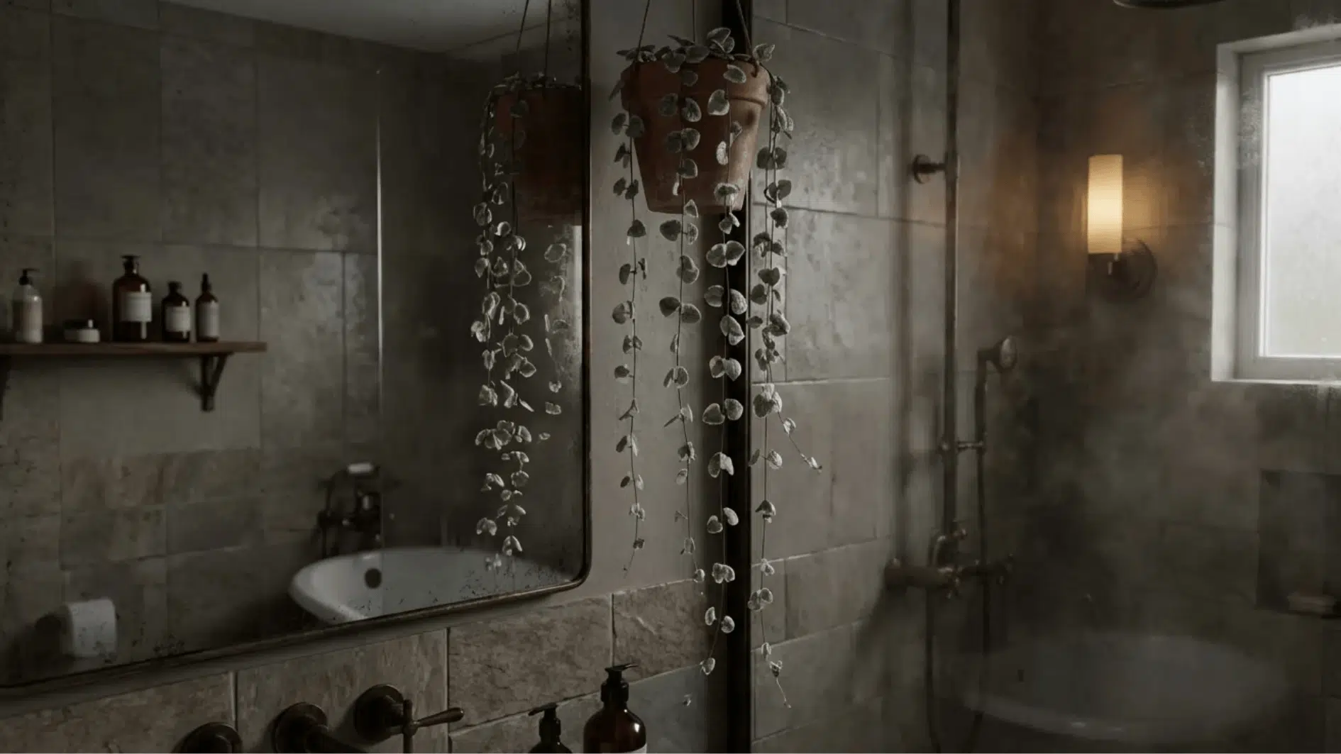 trailing string-of-hearts plant in hanging pot reflected in bathroom mirror with soft light, tiled walls, and humid shower area