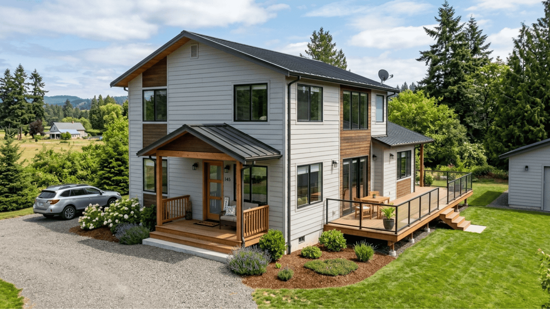 two story suburban home large energy efficient windows exterior modern siding and deck