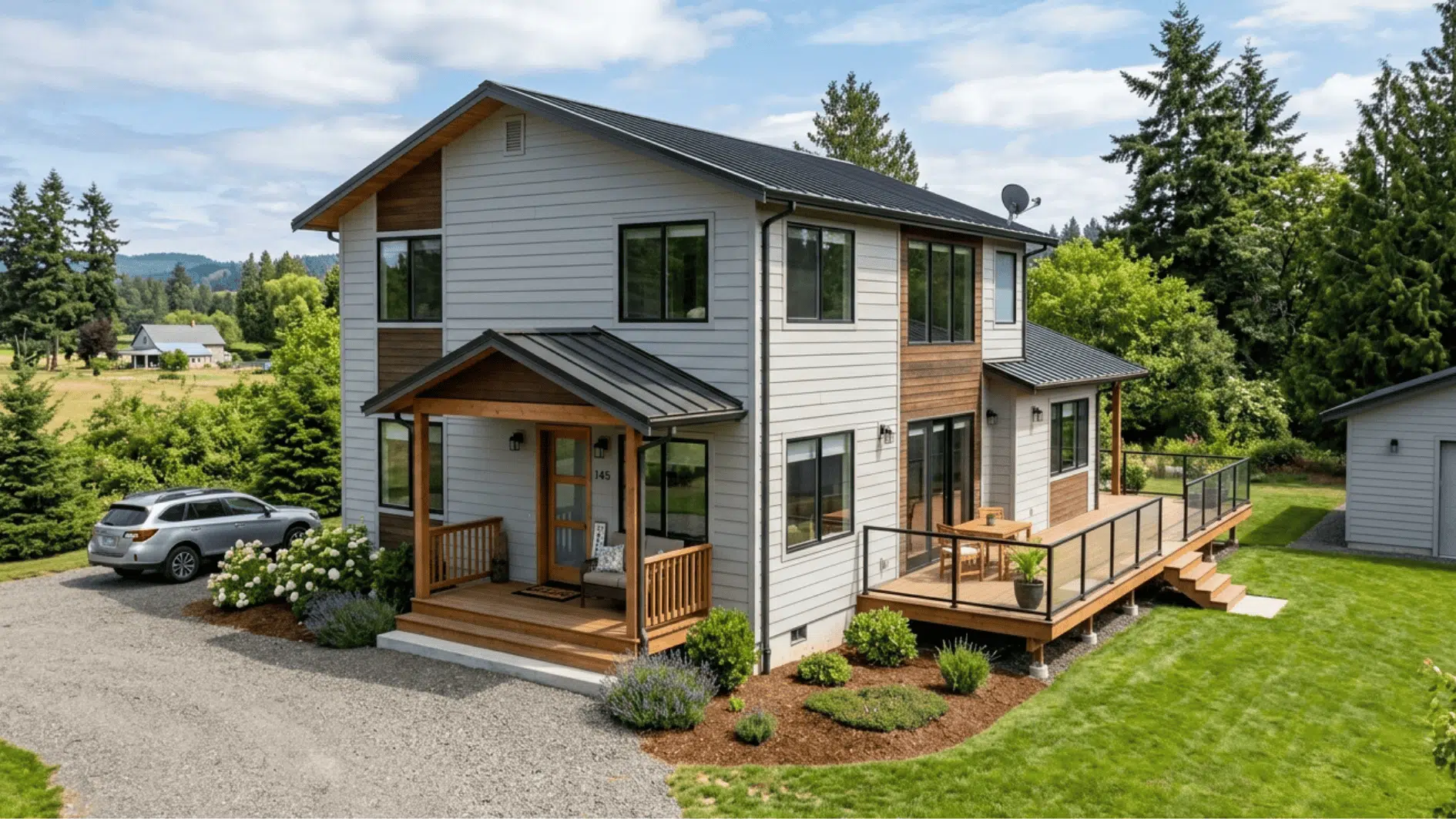 two story suburban home large energy efficient windows exterior modern siding and deck