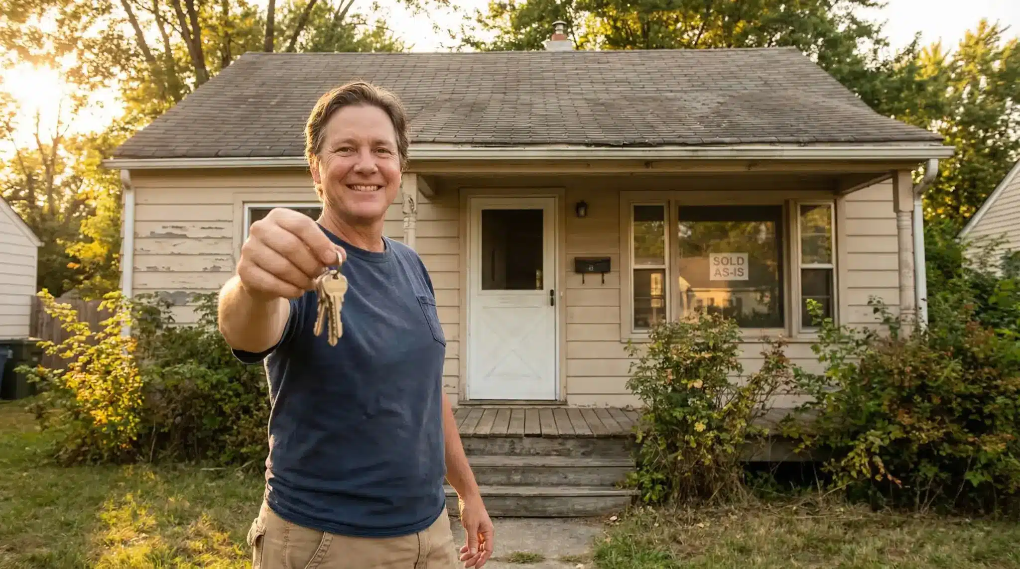 Man holding keys standing in front of rustic house with "sold as-is" sign in window