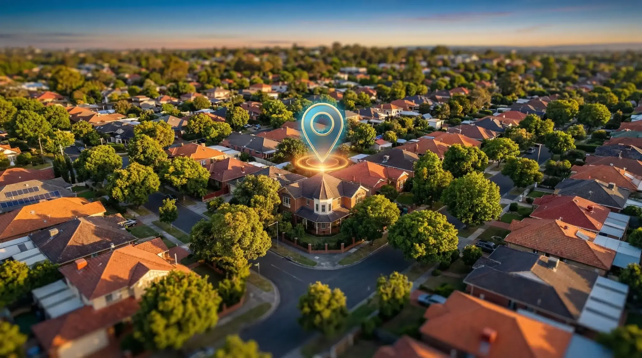 Aerial view of suburban neighborhood with virtual location pin above a house