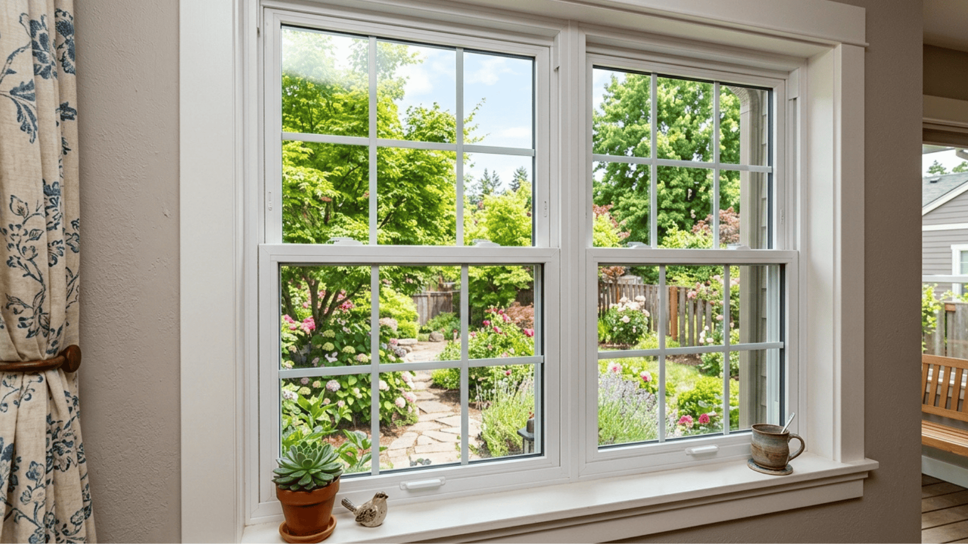 white double hung window interior garden view natural light classic home design