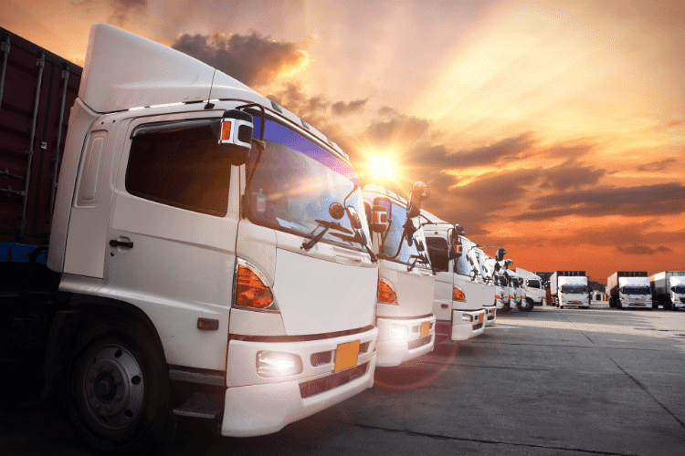 Container trucks in a logistics company parking lot