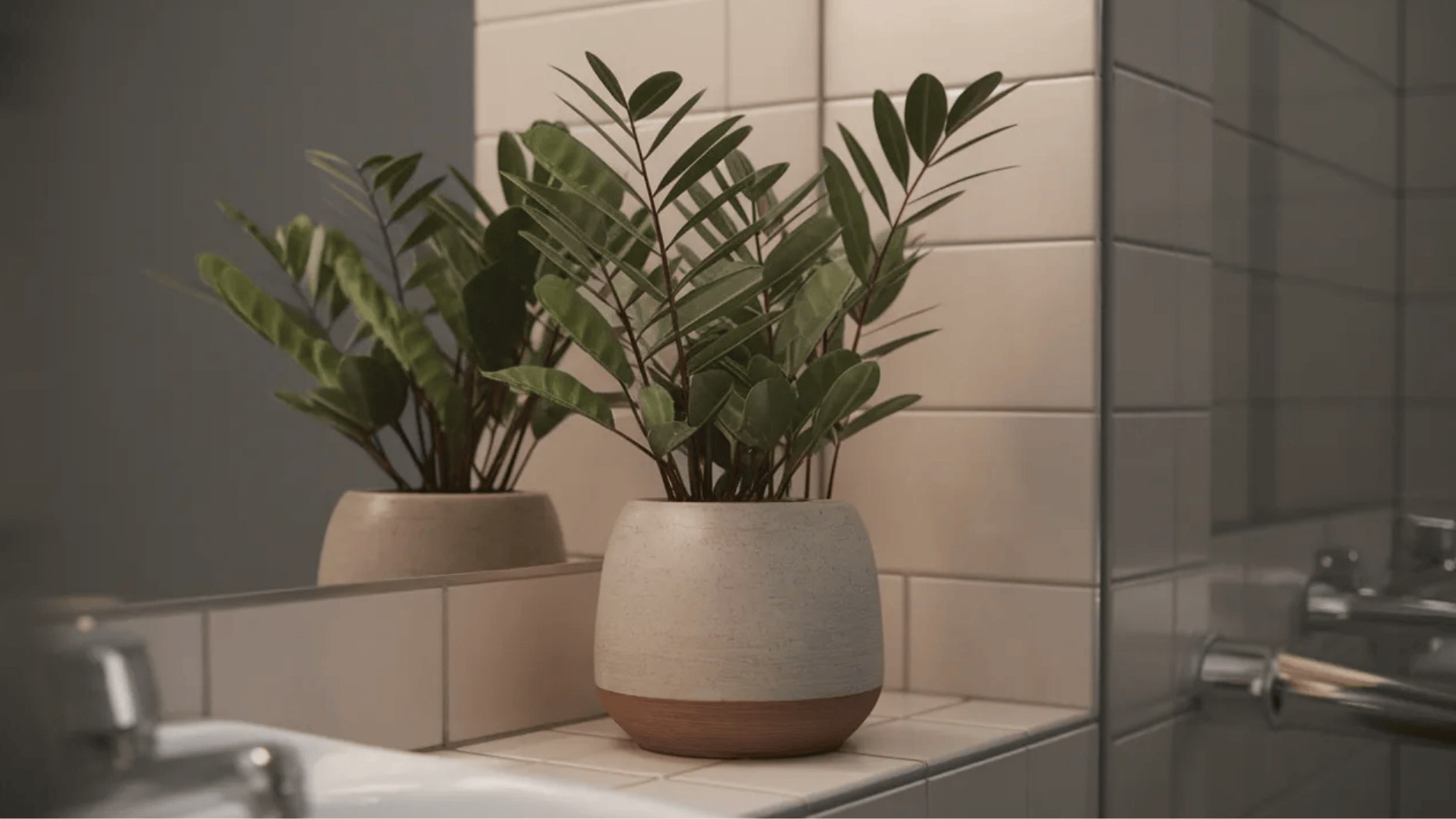 zz plant in ceramic pot on bathroom counter near mirror, glossy green leaves thriving in low light space