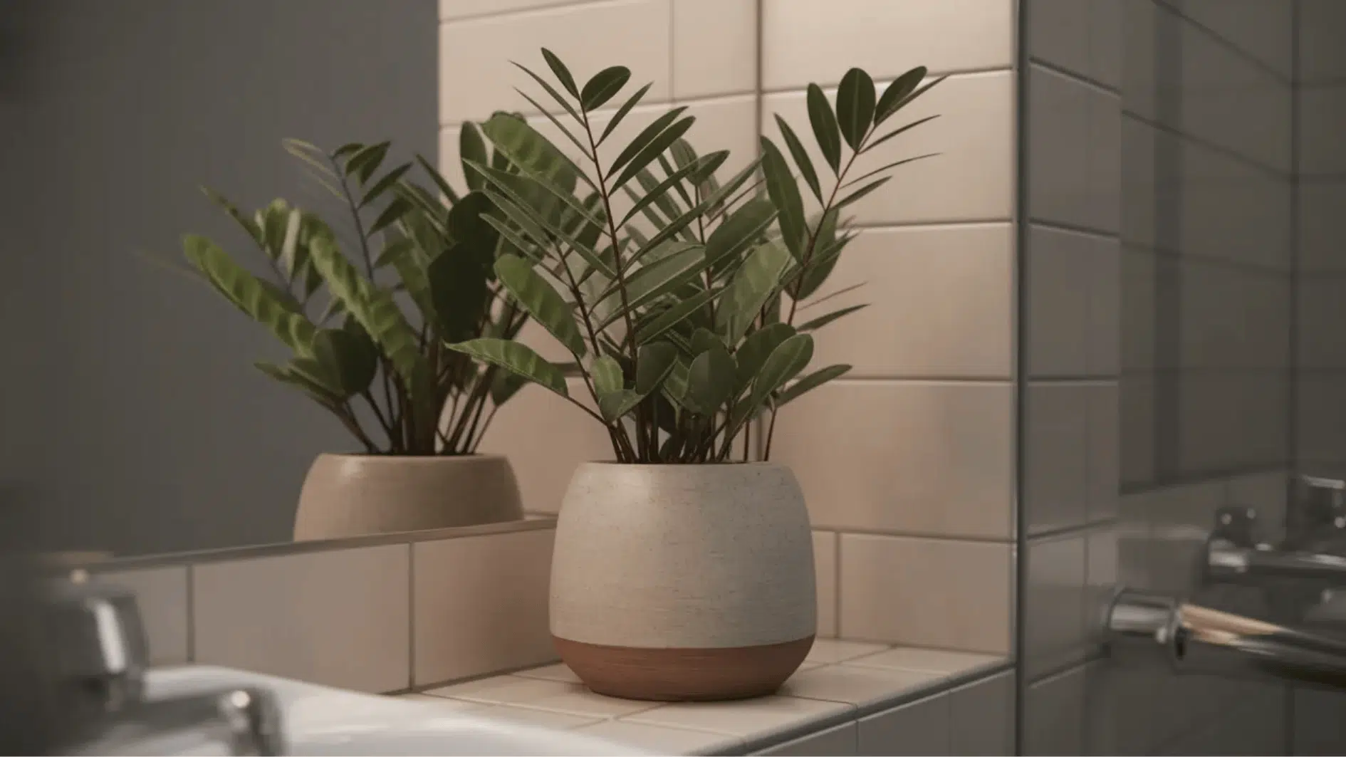 zz plant in ceramic pot on bathroom counter near mirror, glossy green leaves thriving in low light space