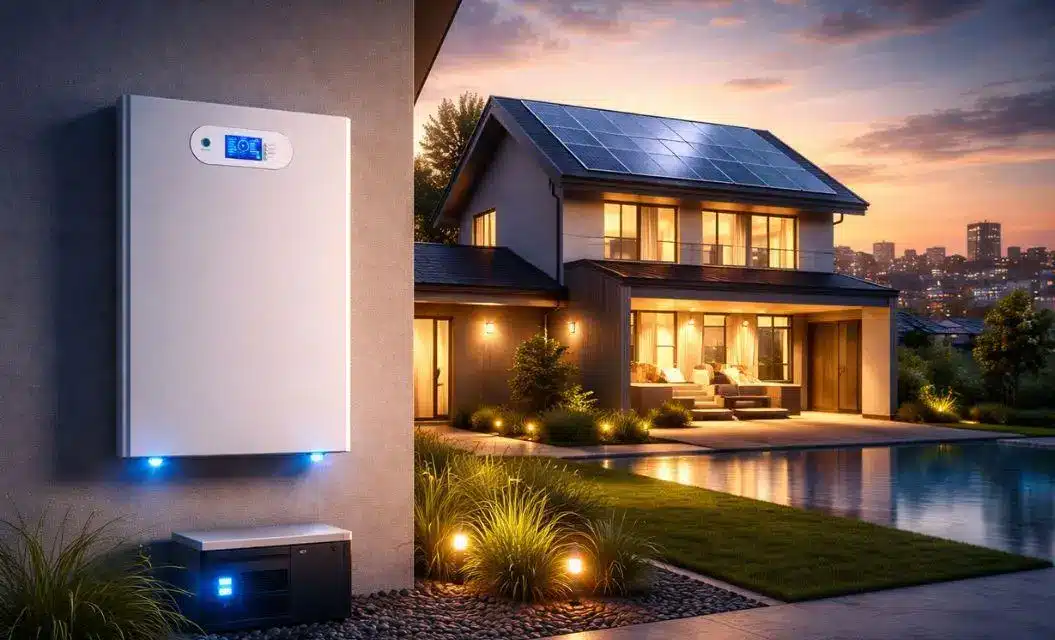 Modern house with solar panels and outdoor energy storage unit at dusk