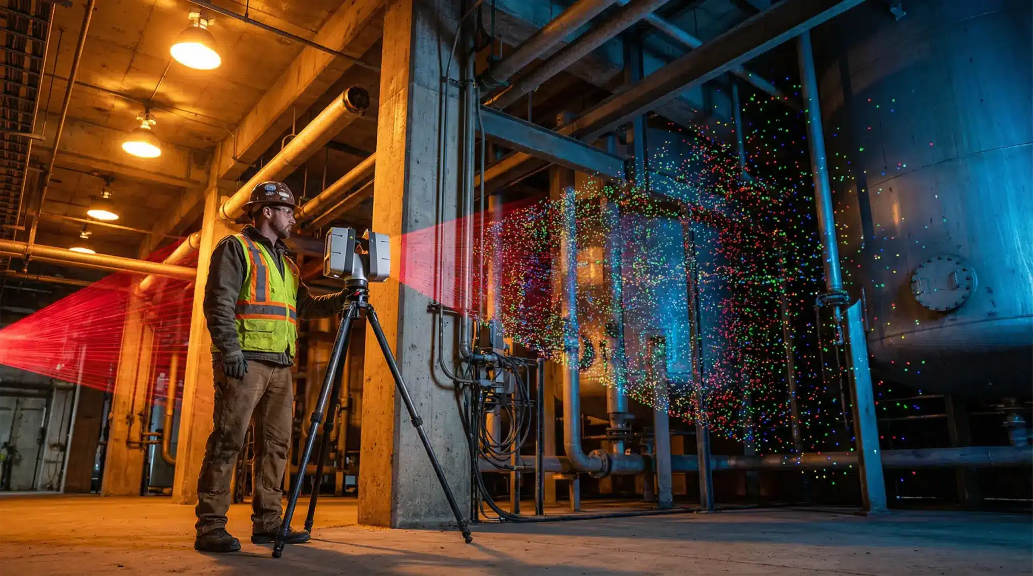 Worker operating laser scanner in industrial facility with colorful digital point cloud display
