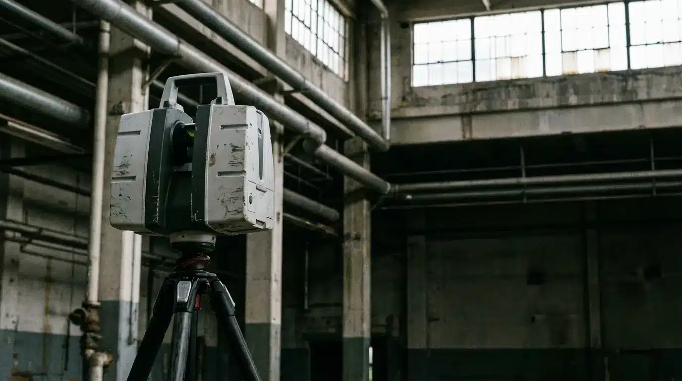 3D laser scanner on tripod in an old industrial warehouse with large windows