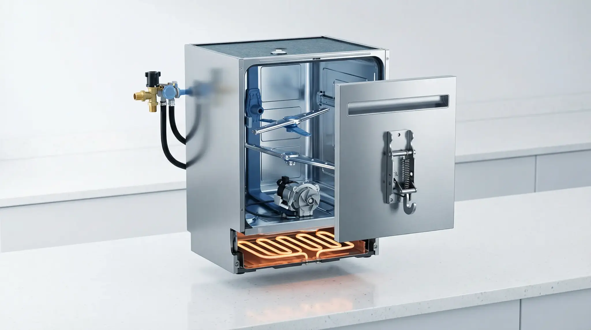 Industrial oven cutaway showing internal heating elements and piping in bright kitchen setting