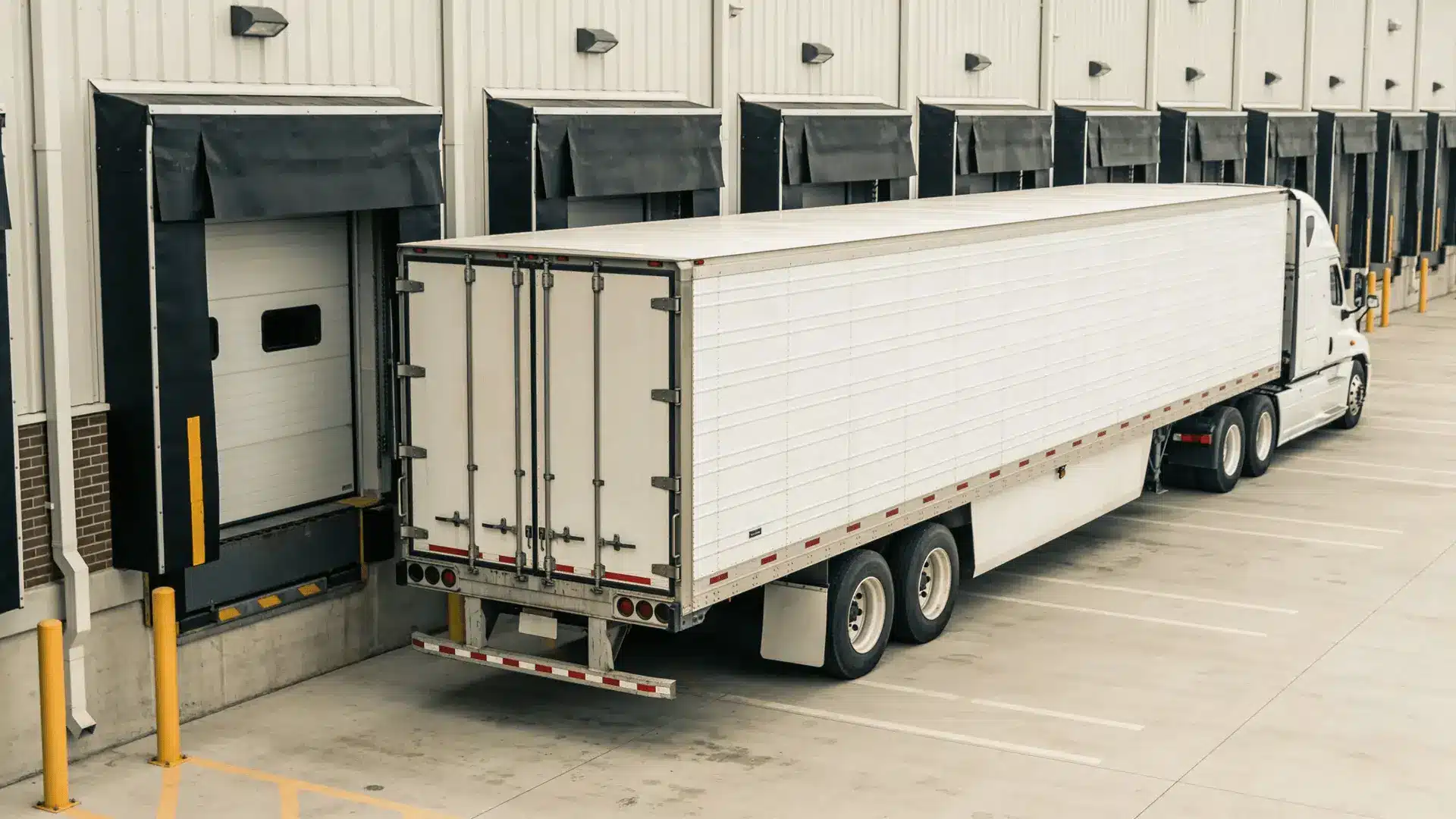 53-foot dry van trailer backed into a warehouse loading dock