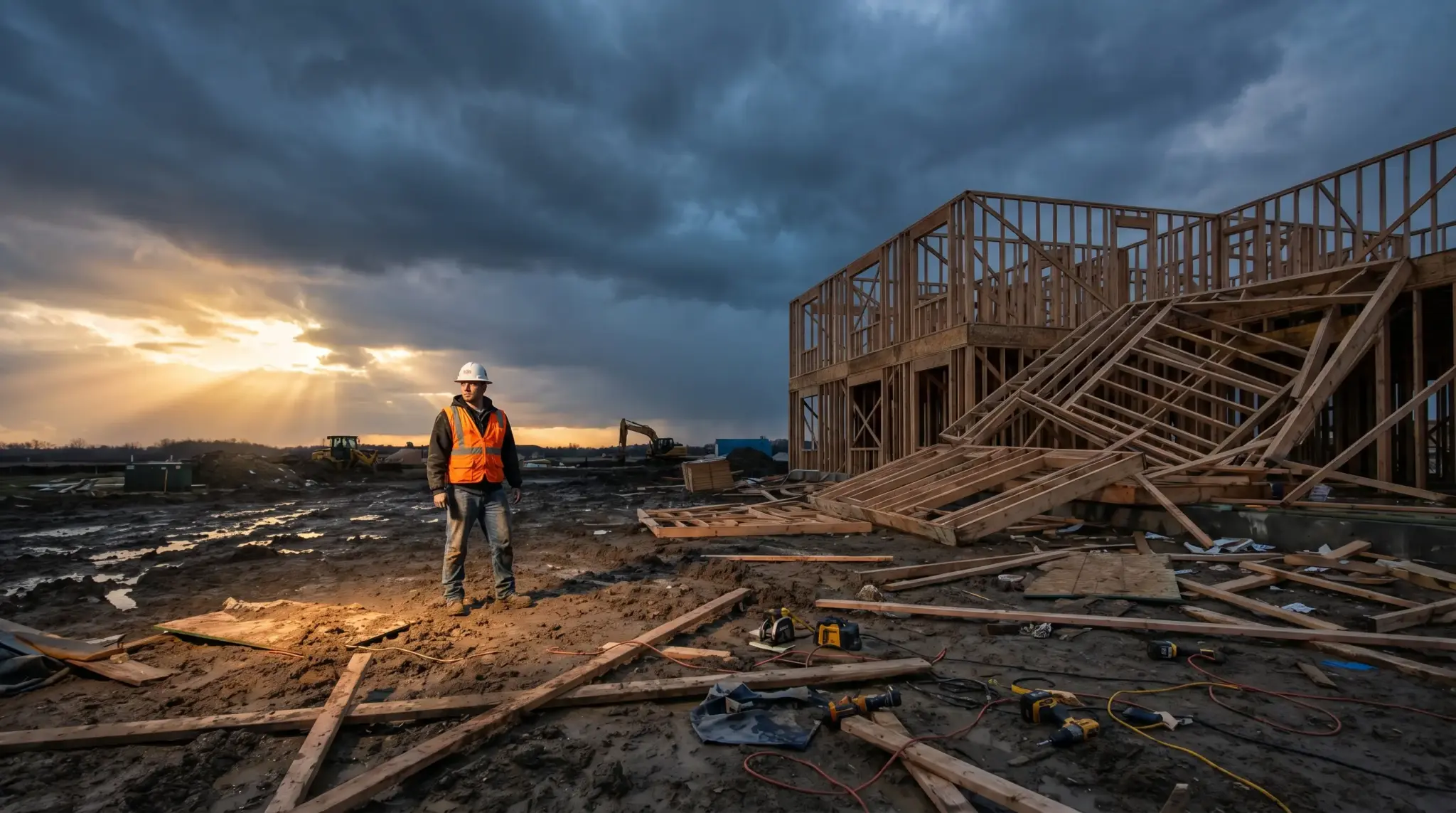 Construction worker in orange vest on muddy site at sunset near partially built wooden house