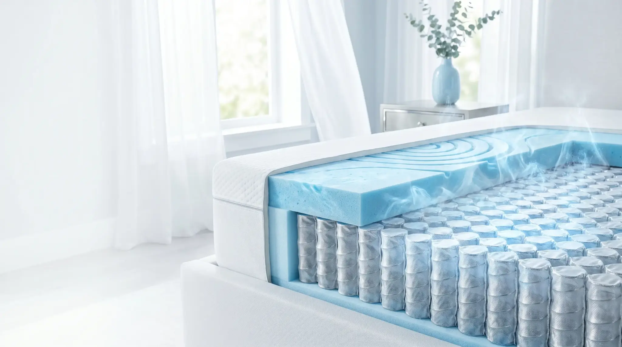 Cross-section of a memory foam mattress with coils in a bright, airy bedroom setting
