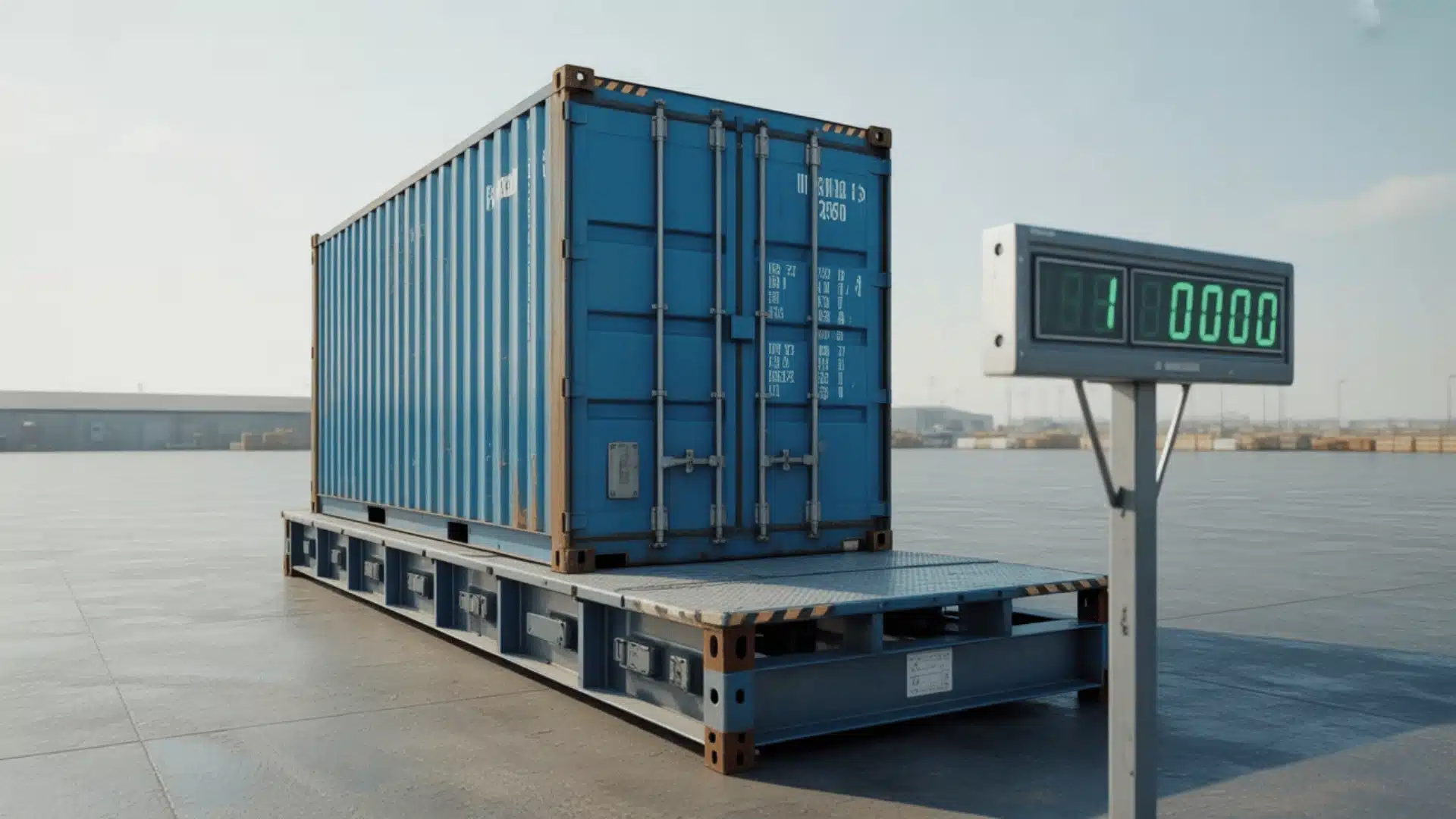 Cargo container placed on industrial weighing scale with digital display visible