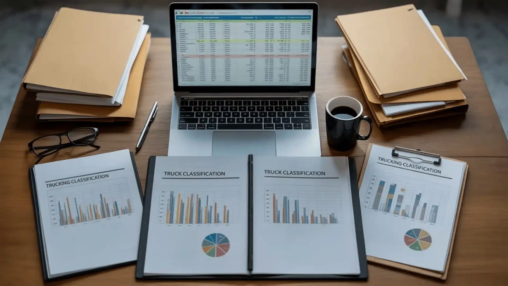 Desk with documents and laptop showing trucking classification charts