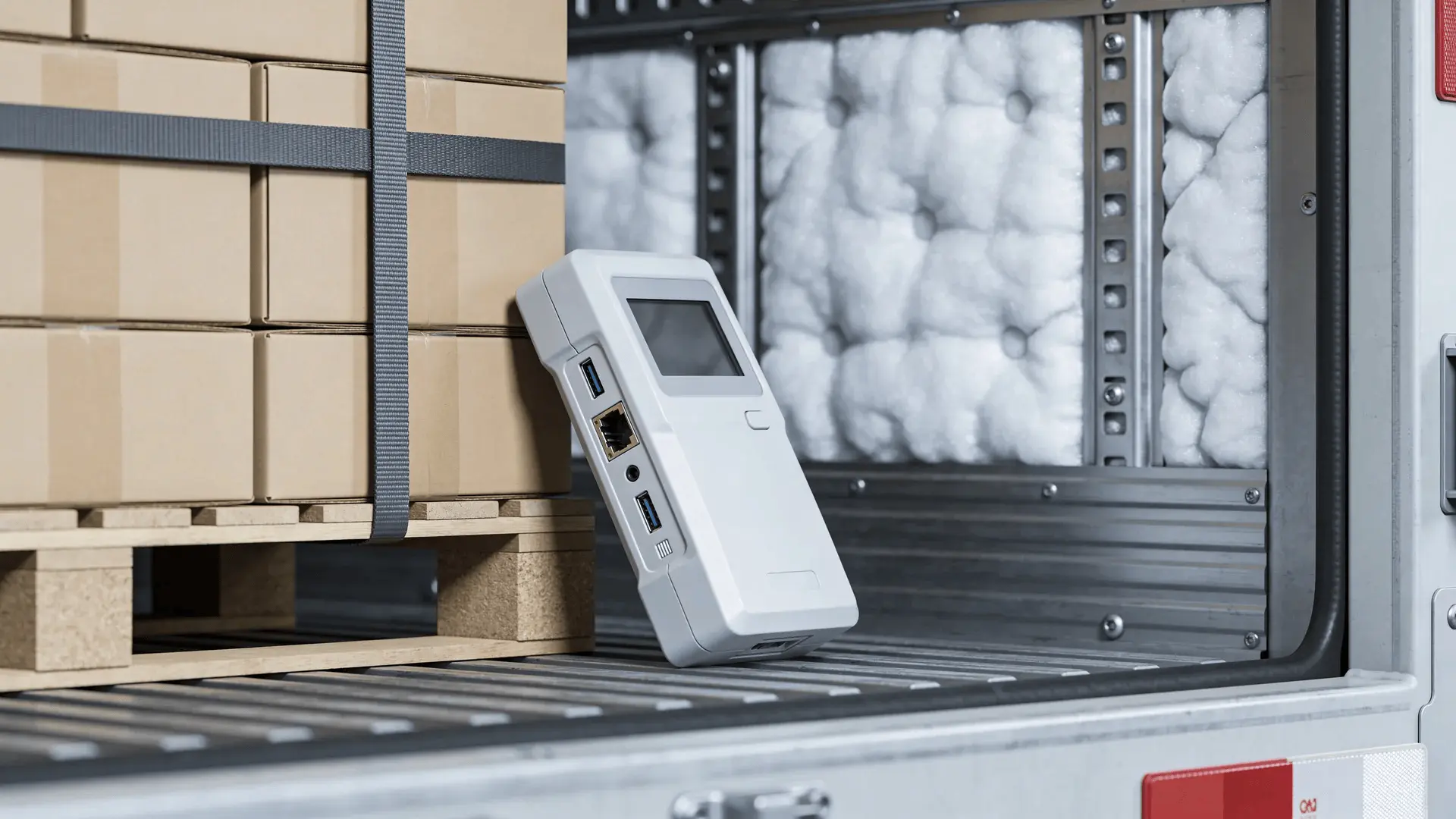 Electronic temperature data logger placed inside a shipping container next to packaged goods