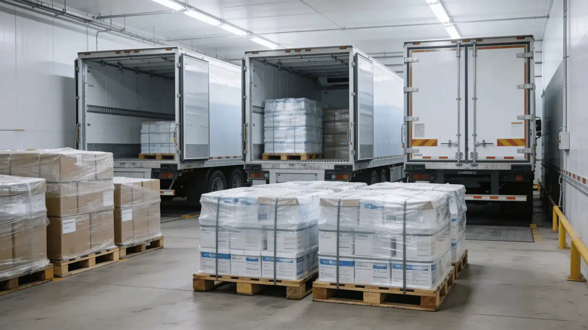 Insulated shipping containers and wrapped pallets inside a refrigerated warehouse facility