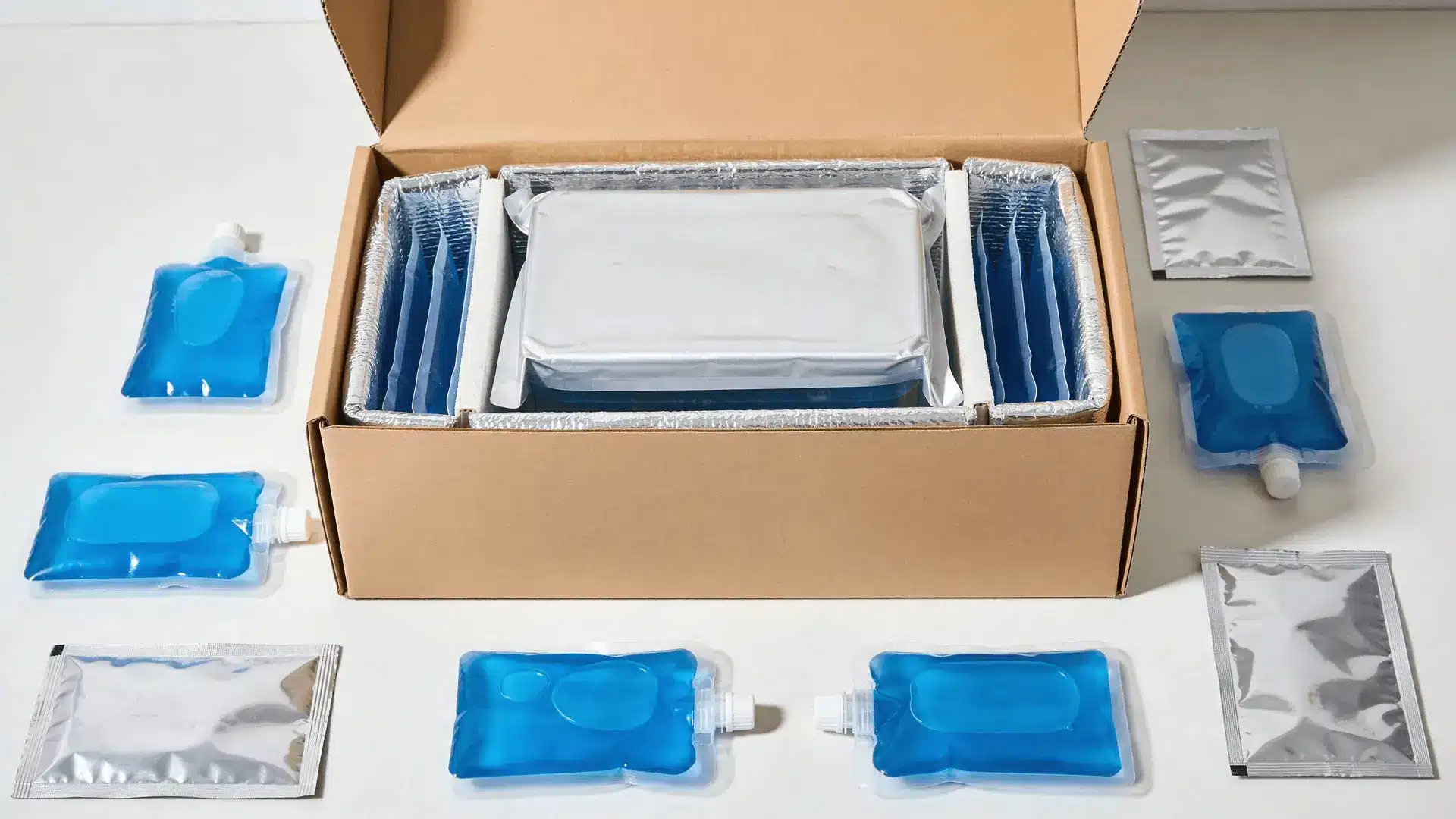 Open insulated shipping box with gel packs surrounding a sealed product container