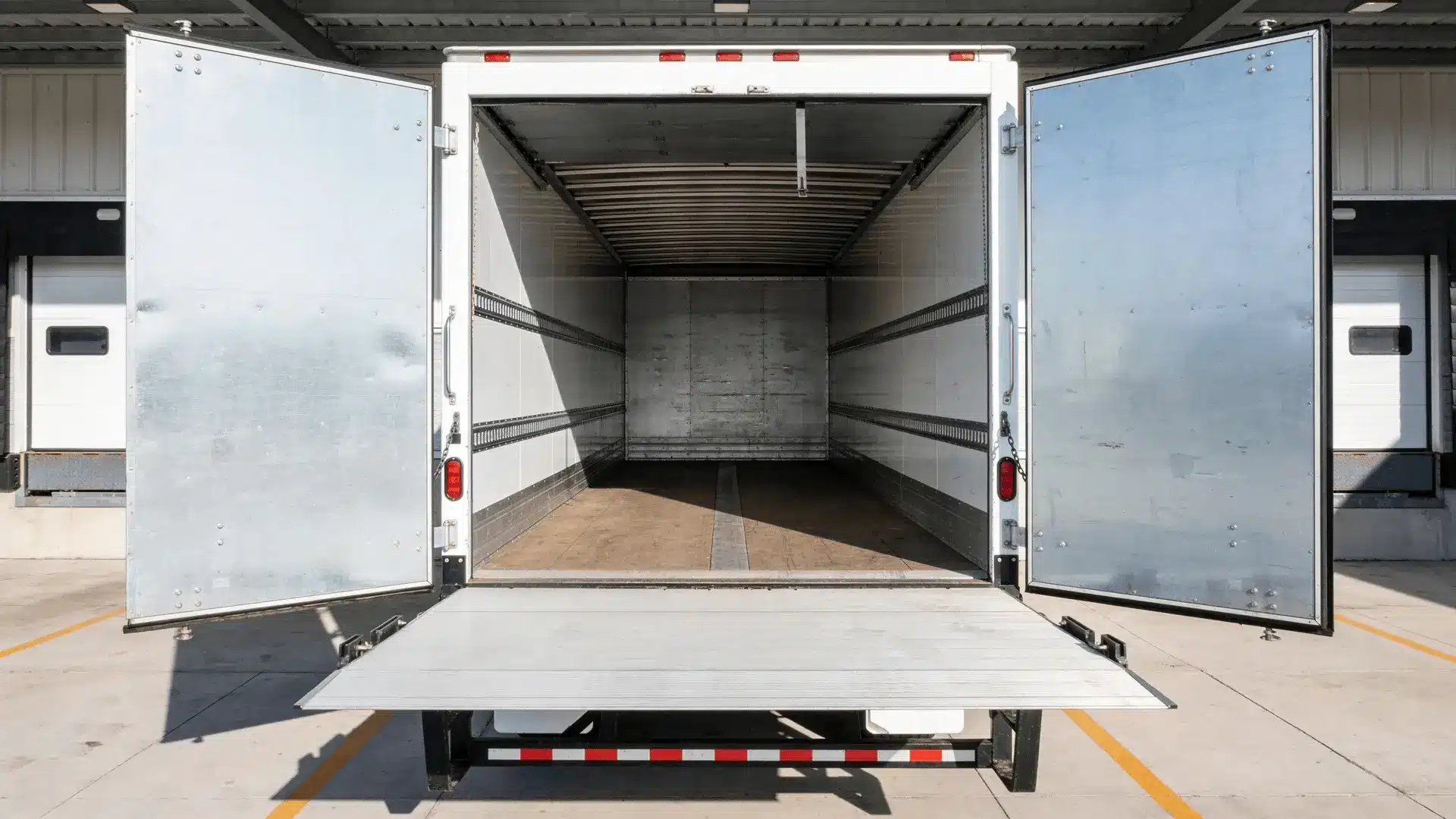 Open rear doors of dry van trailer showing empty interior at loading dock