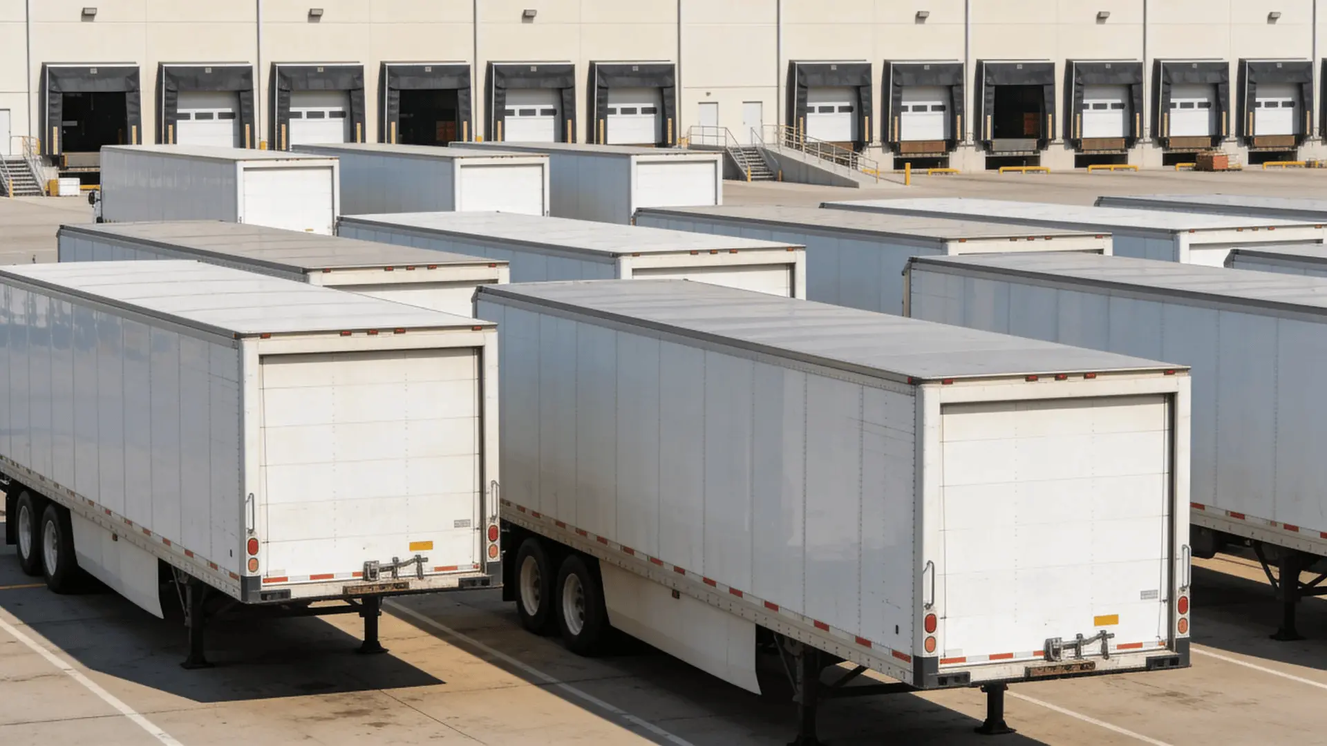Row of dry van trailers parked at warehouse distribution center