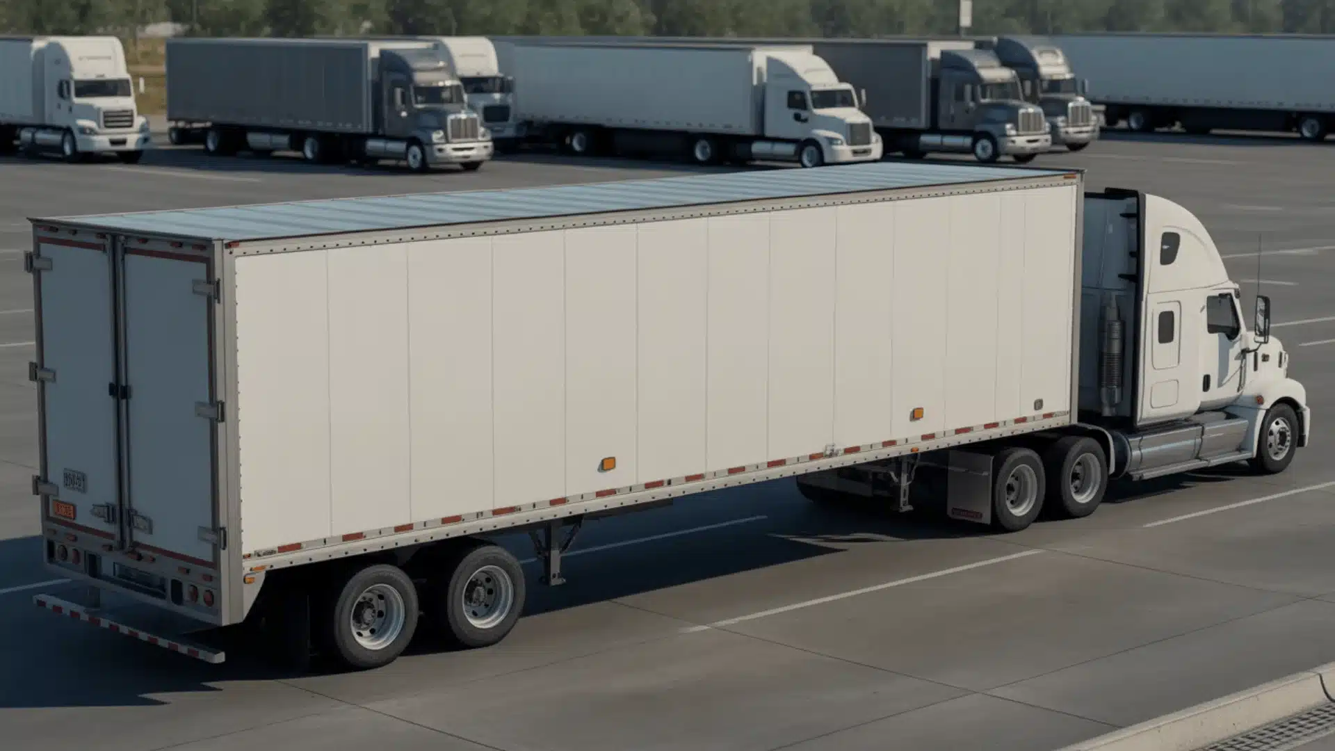 Semi truck with long enclosed dry van trailer at rest stop