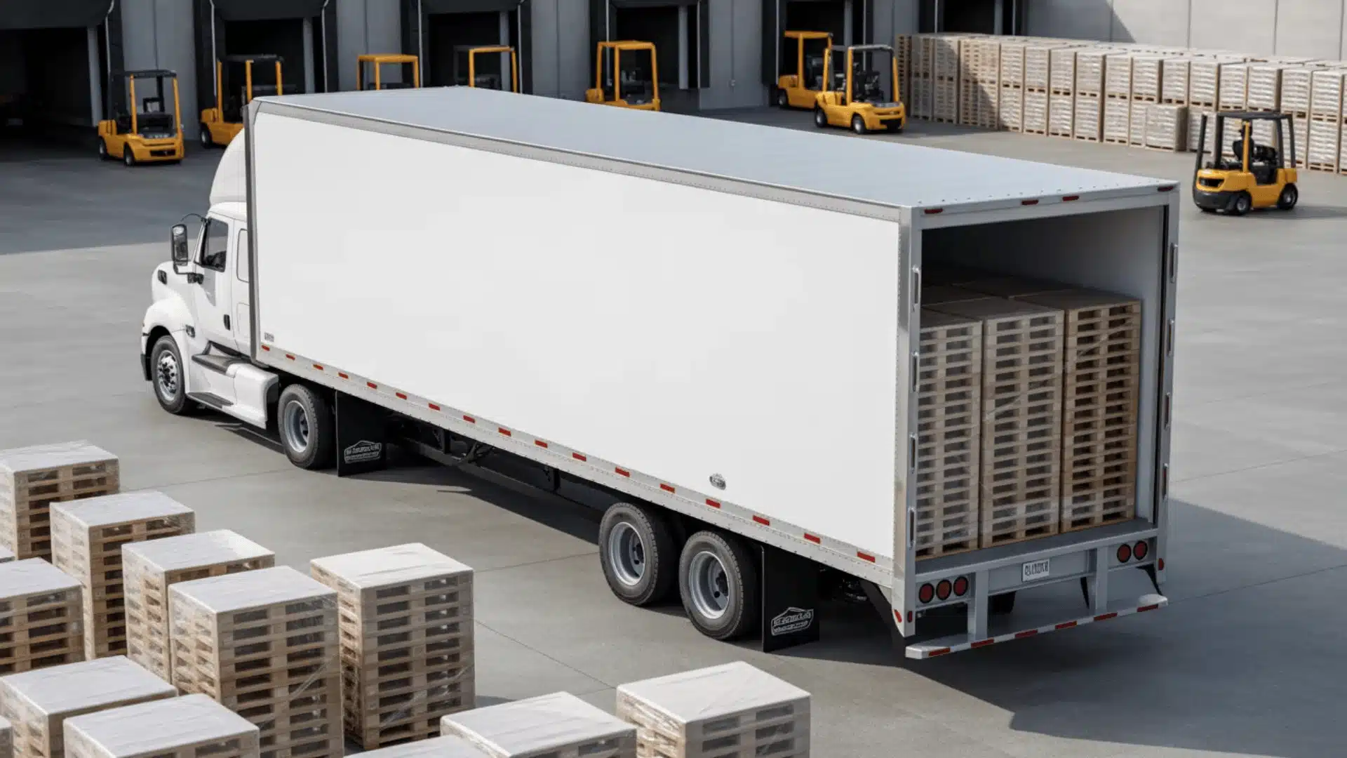 Truck backed into warehouse dock with pallets and forklift nearby