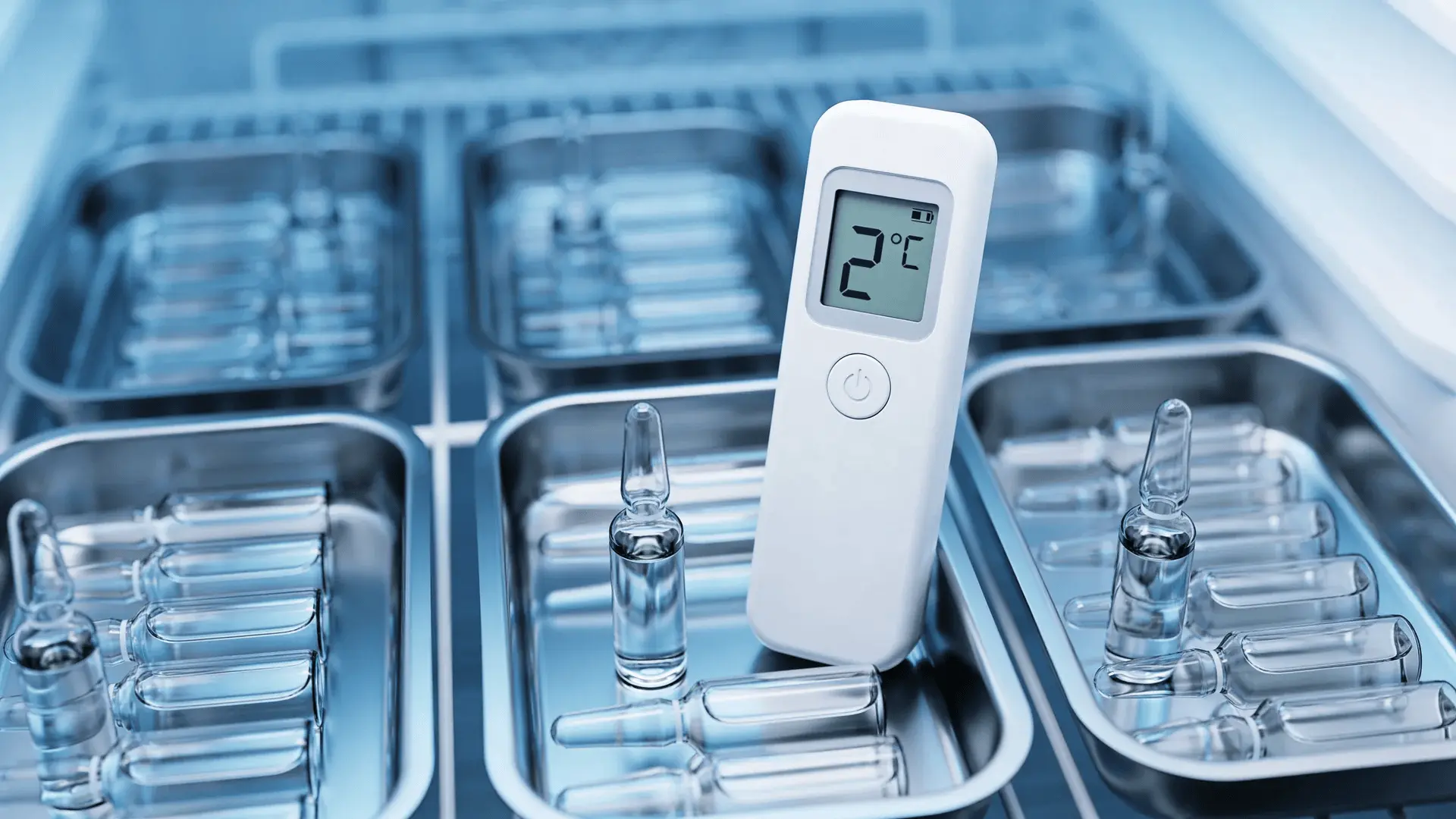 Vaccine vials stored in a medical refrigerator with a digital temperature display