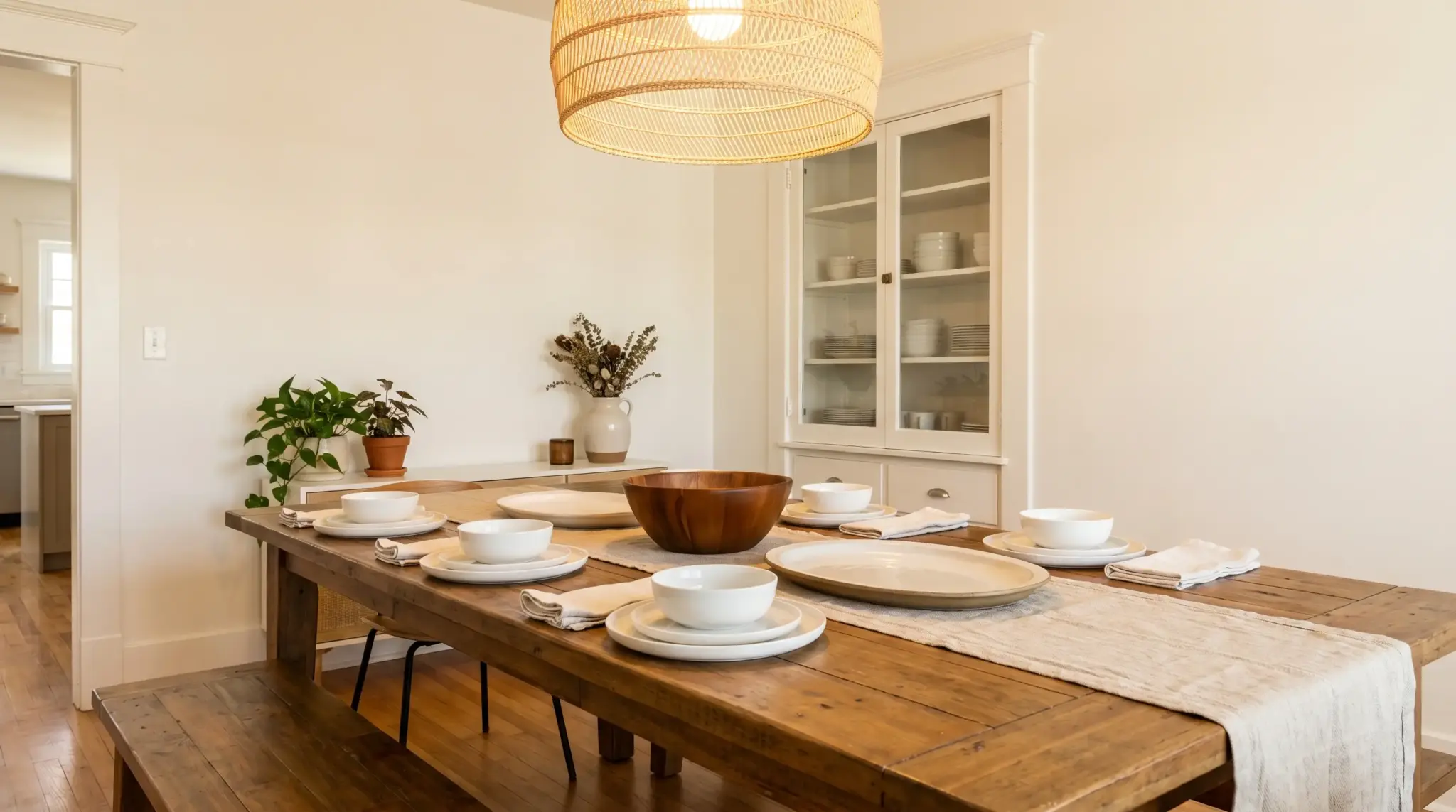 Dining table set with white dishware and wooden bowl in cozy, light-filled dining room
