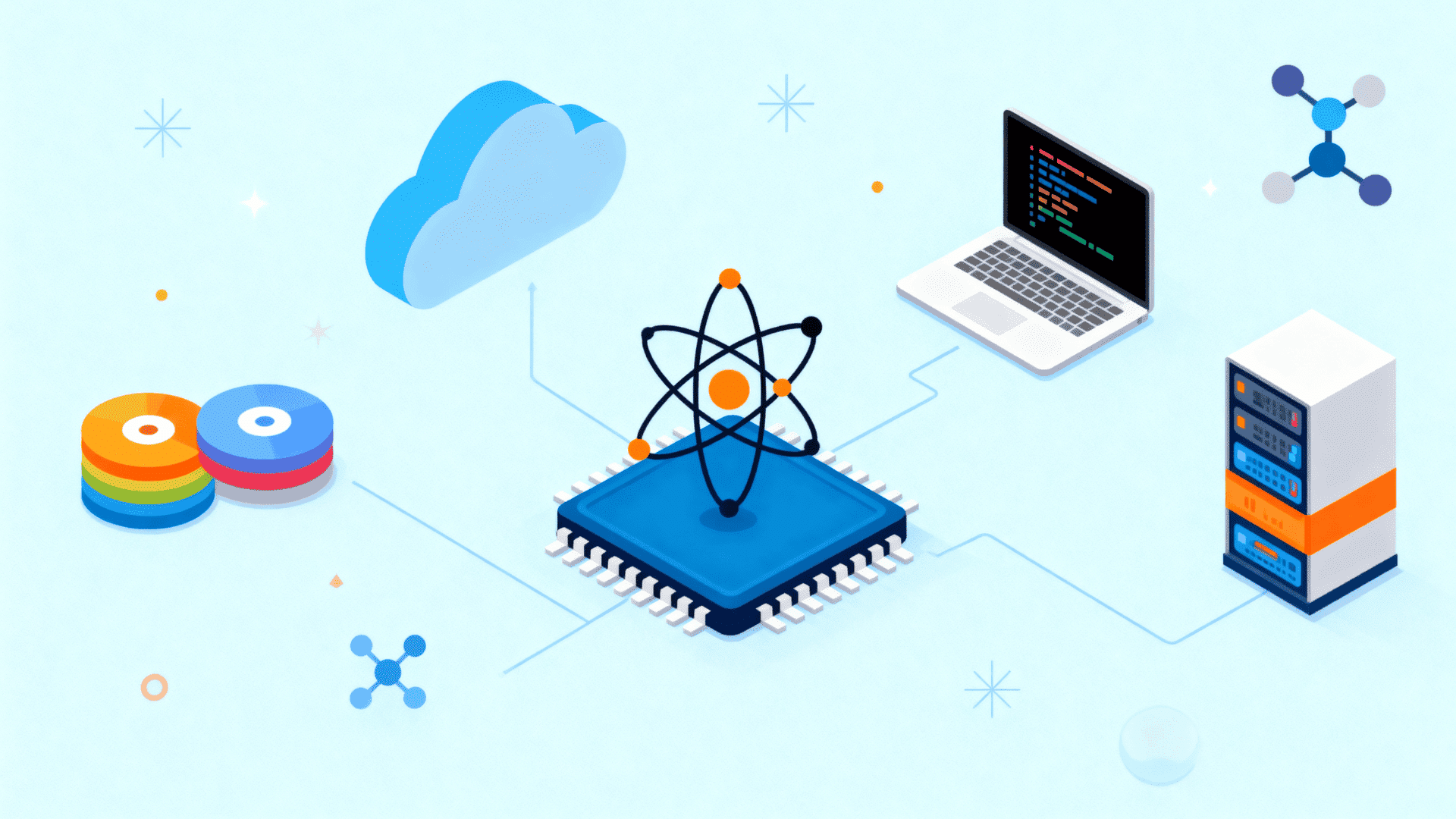 abstract illustration of data processing with central chip cloud storage laptop server and connected digital elements on soft background