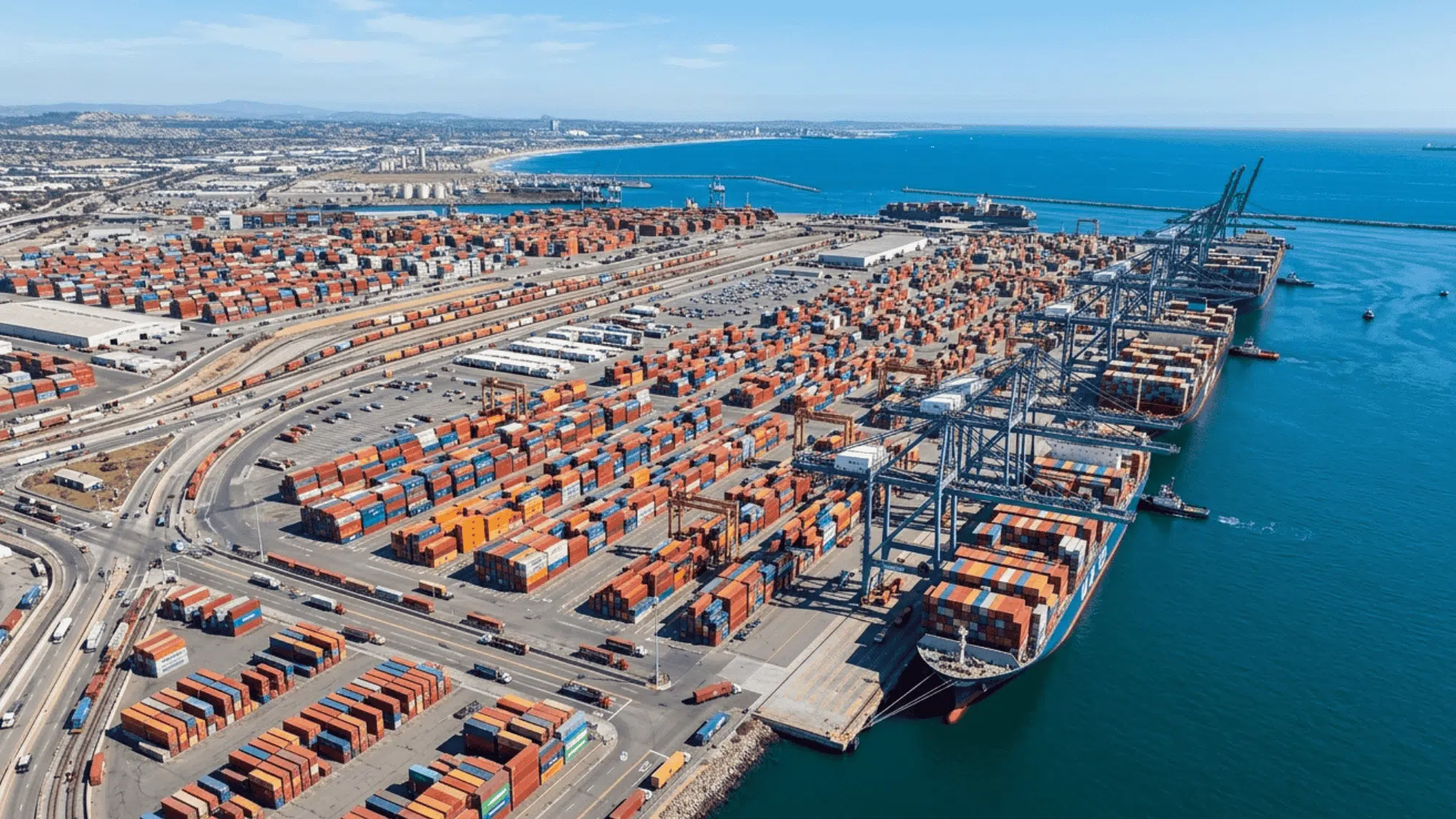 aerial view of busy seaport with shipping containers, cranes, and coastline