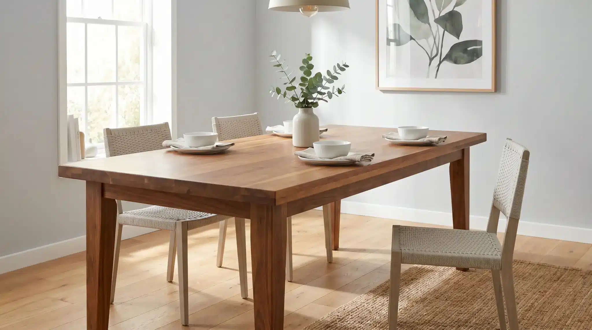 Wooden dining table with place settings and a vase in a sunlit dining room
