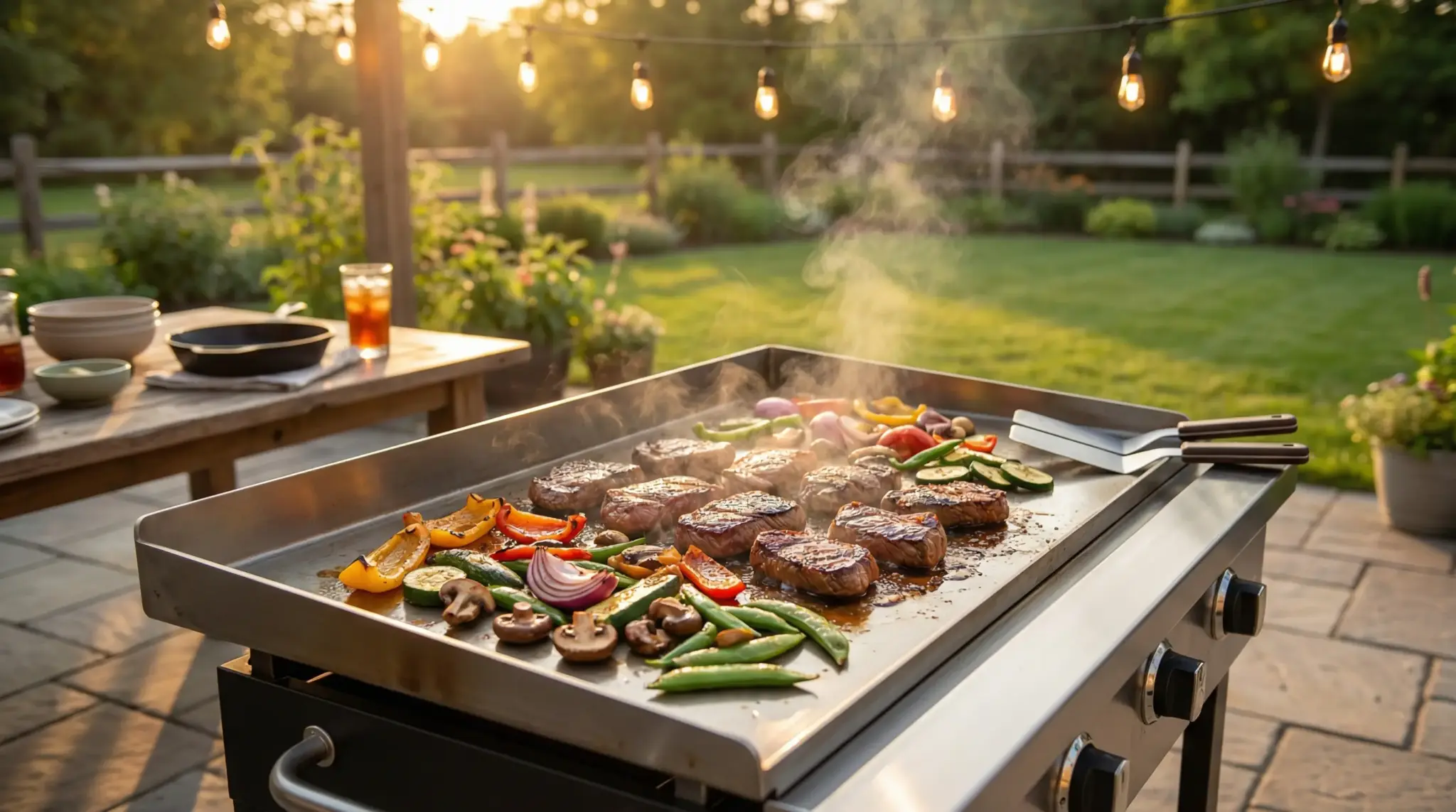 Grilling steaks and vegetables on outdoor griddle with sunset and string lights illuminating patio