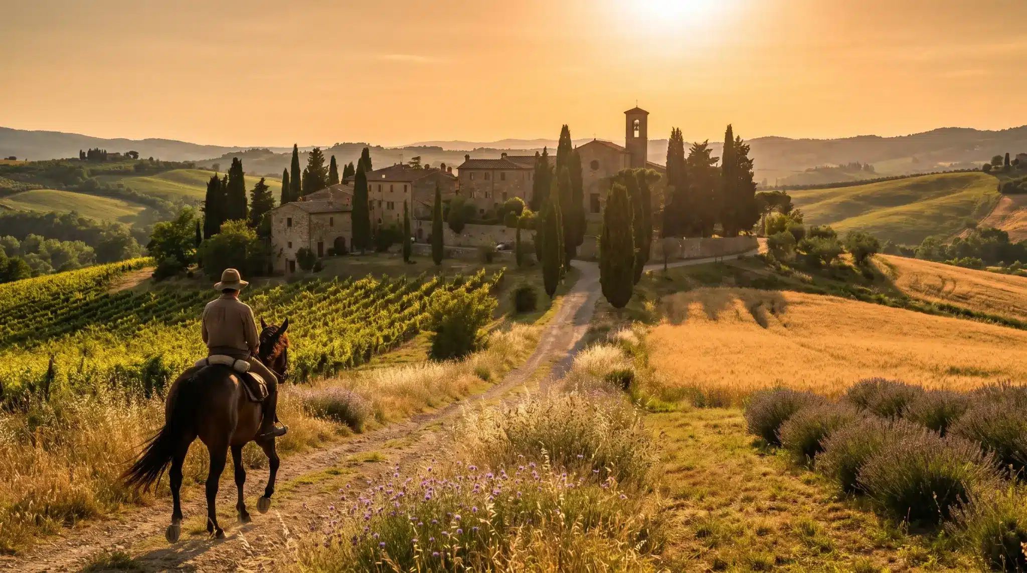 Man riding horse along dirt path towards village at sunset in Tuscan countryside
