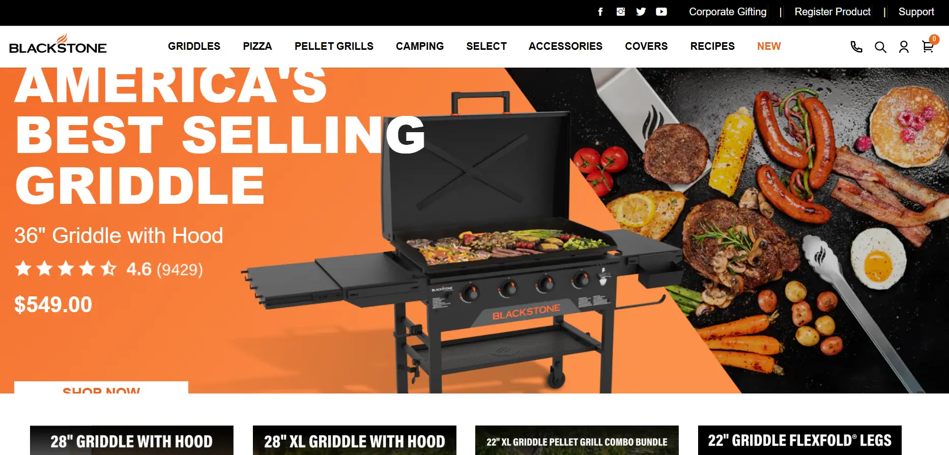 Black griddle with hood displaying grilled food and cooking utensils in bold orange setting